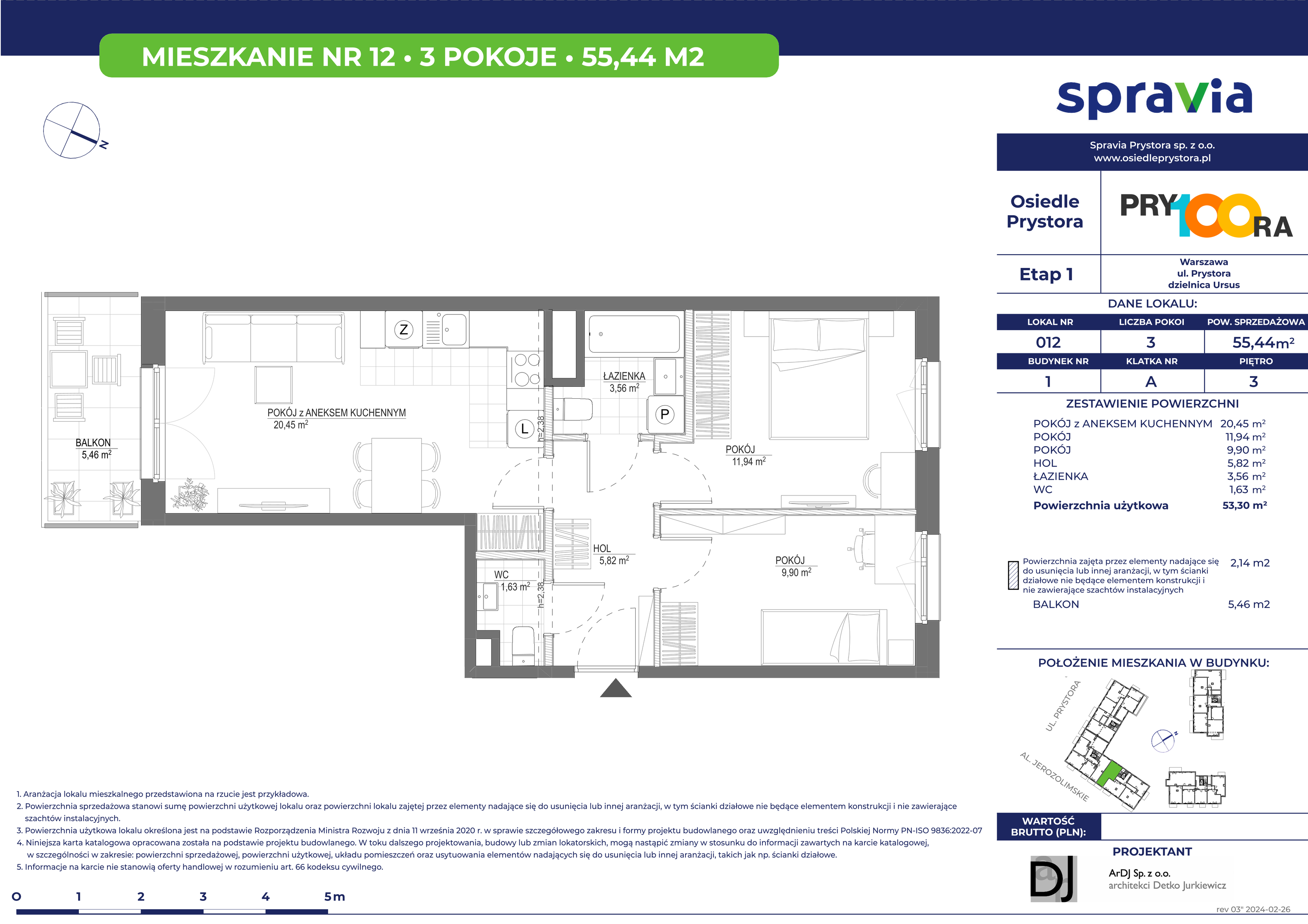 Mieszkanie 55,44 m², piętro 3, oferta nr 12, Osiedle Prystora, Warszawa, Ursus, Skorosze, ul. Prystora-idx