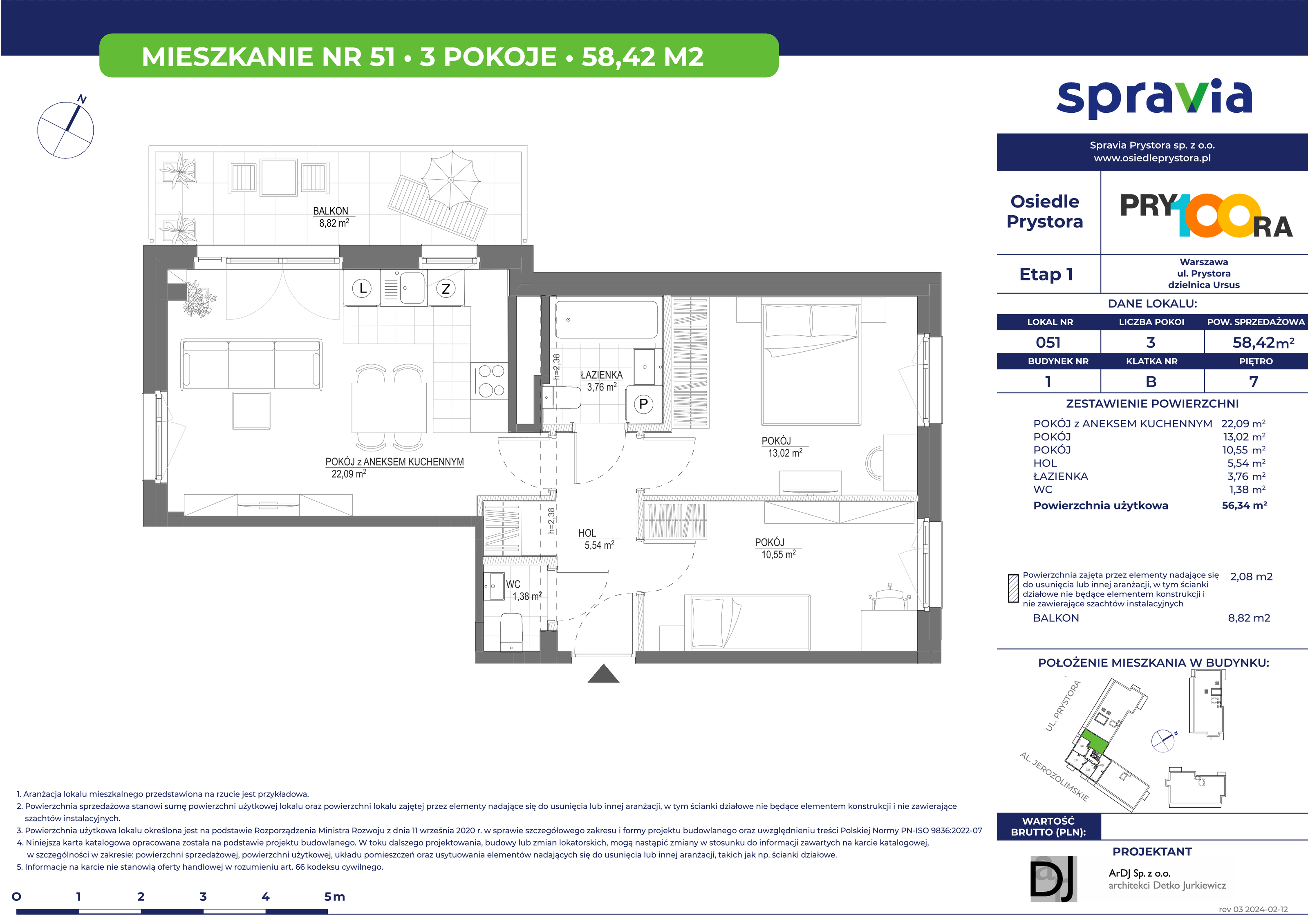 Mieszkanie 58,42 m², piętro 7, oferta nr 51, Osiedle Prystora, Warszawa, Ursus, Skorosze, ul. Prystora-idx