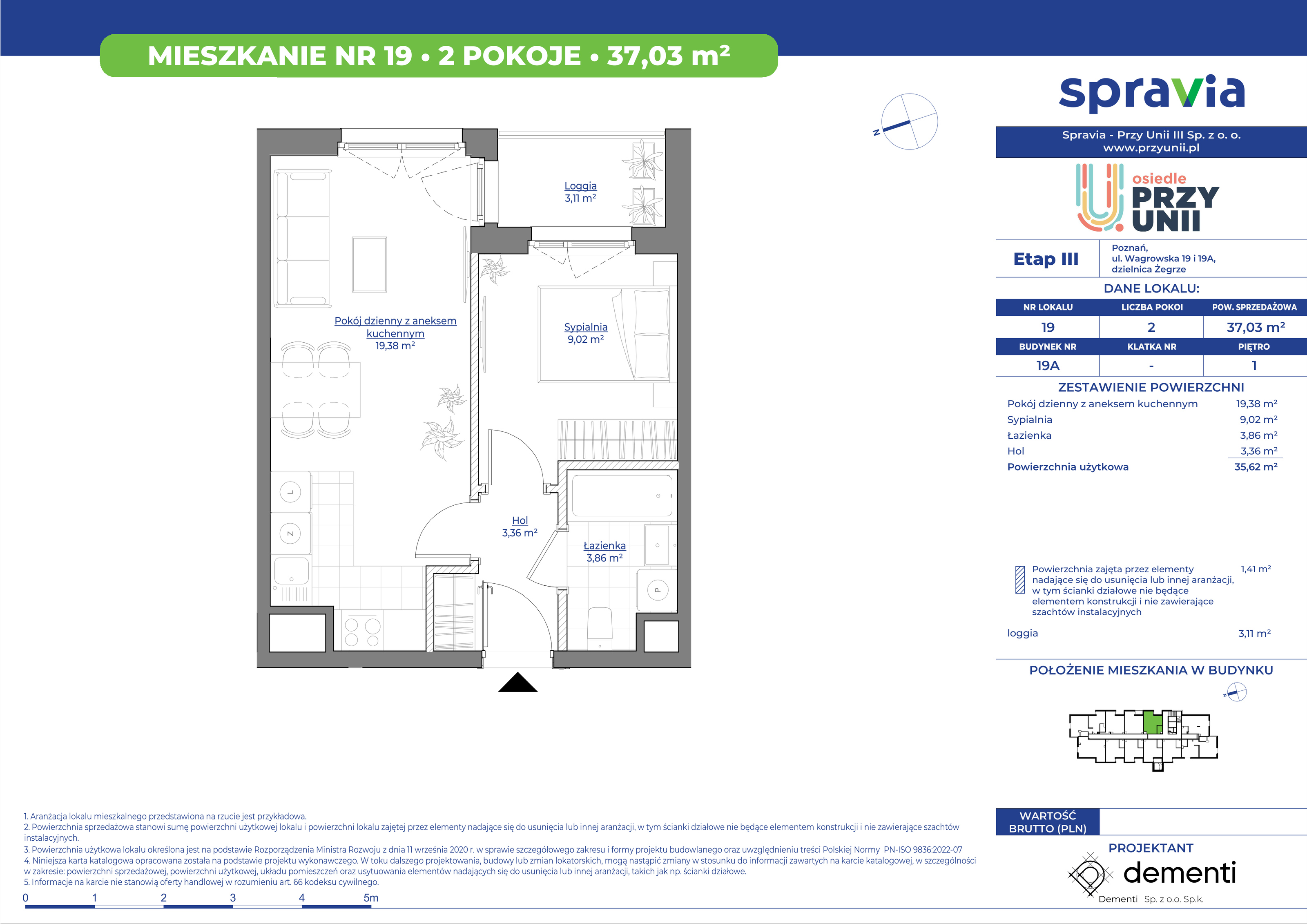 Mieszkanie 37,03 m², piętro 1, oferta nr 19A-19, Przy Unii, Poznań, Żegrze, ul. Wagrowska 19 i 19A-idx