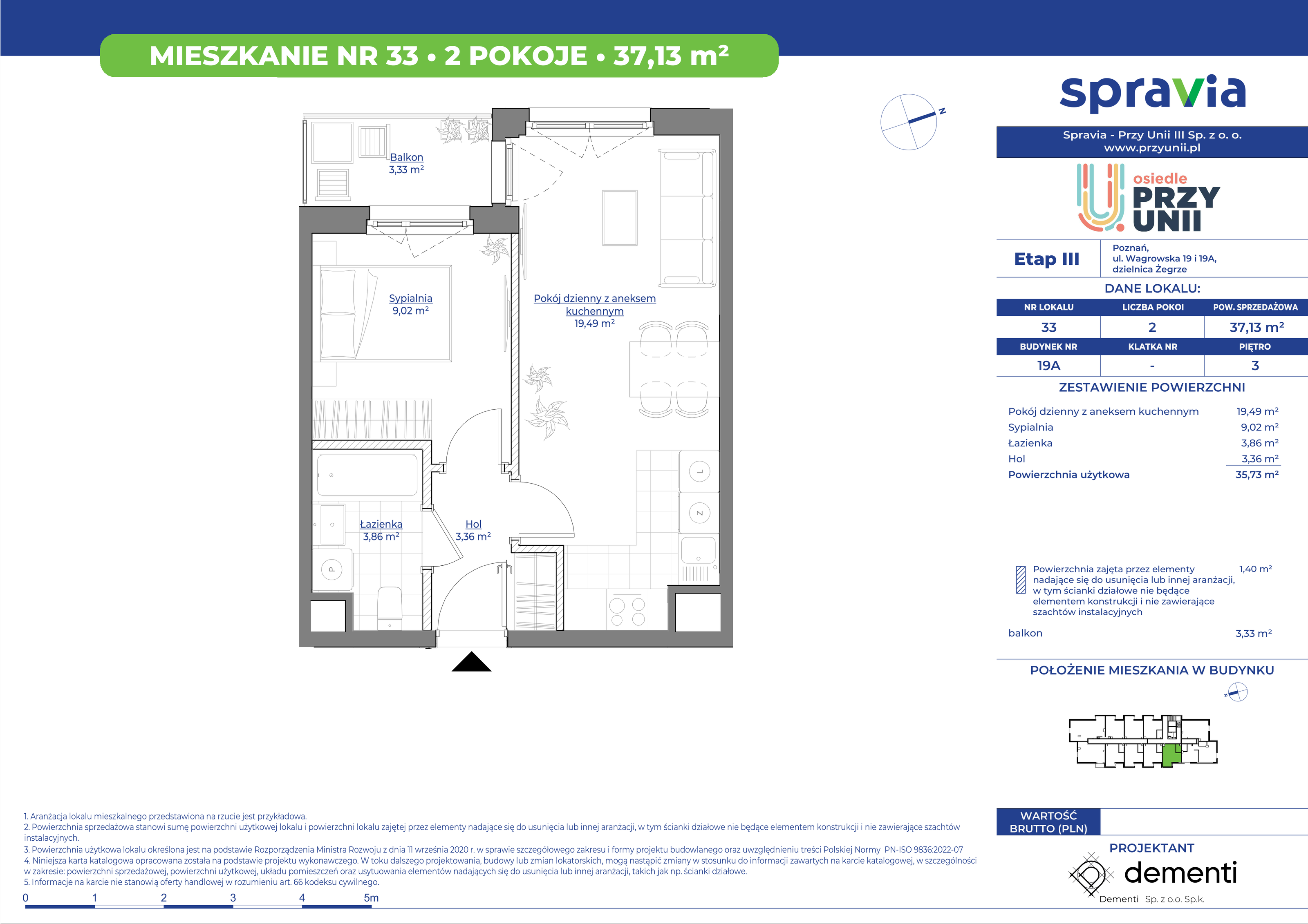 Mieszkanie 37,13 m², piętro 3, oferta nr 19A-33, Przy Unii, Poznań, Żegrze, ul. Wagrowska 19 i 19A-idx