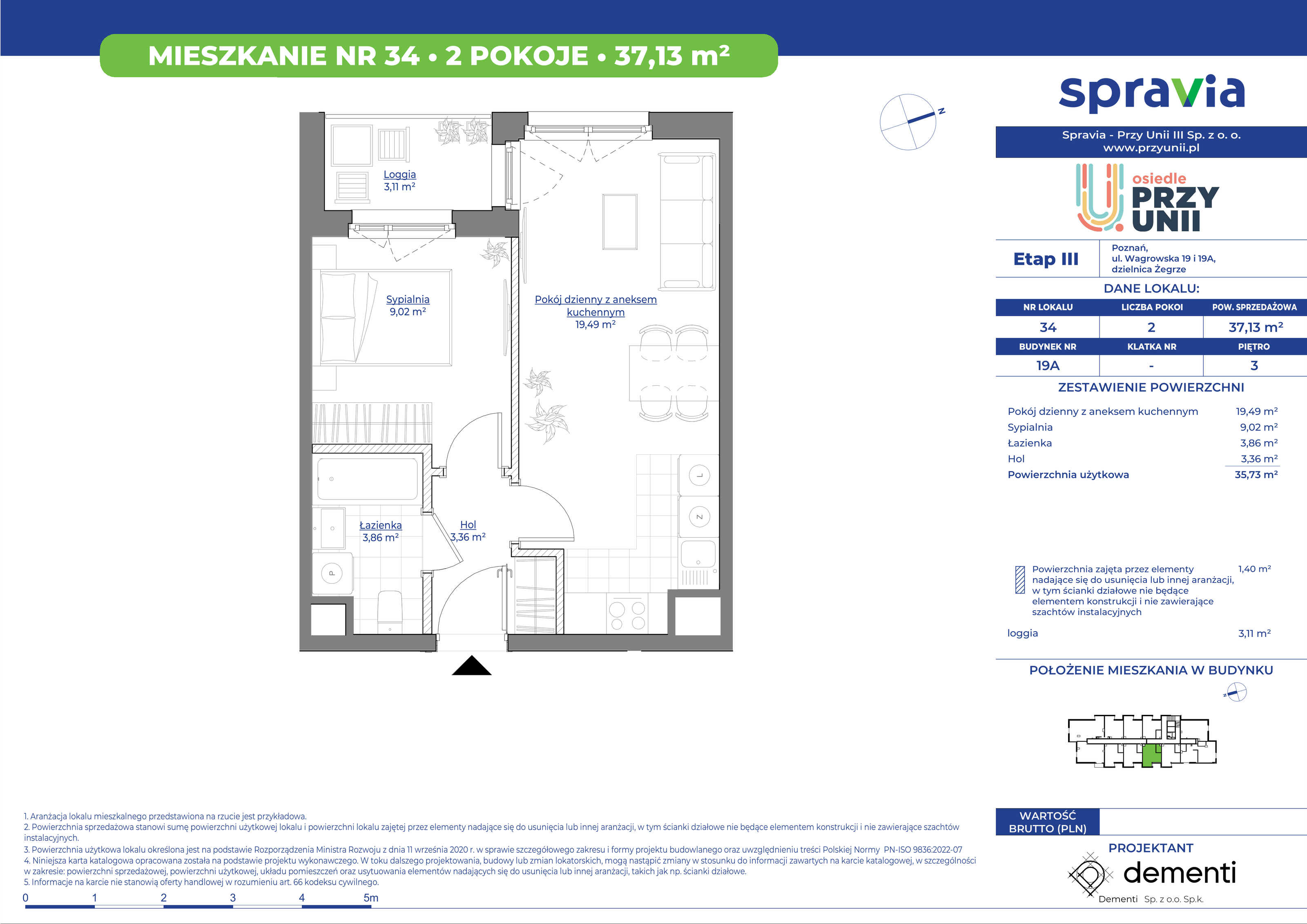 Mieszkanie 37,13 m², piętro 3, oferta nr 19A-34, Przy Unii, Poznań, Żegrze, ul. Wagrowska 19 i 19A-idx