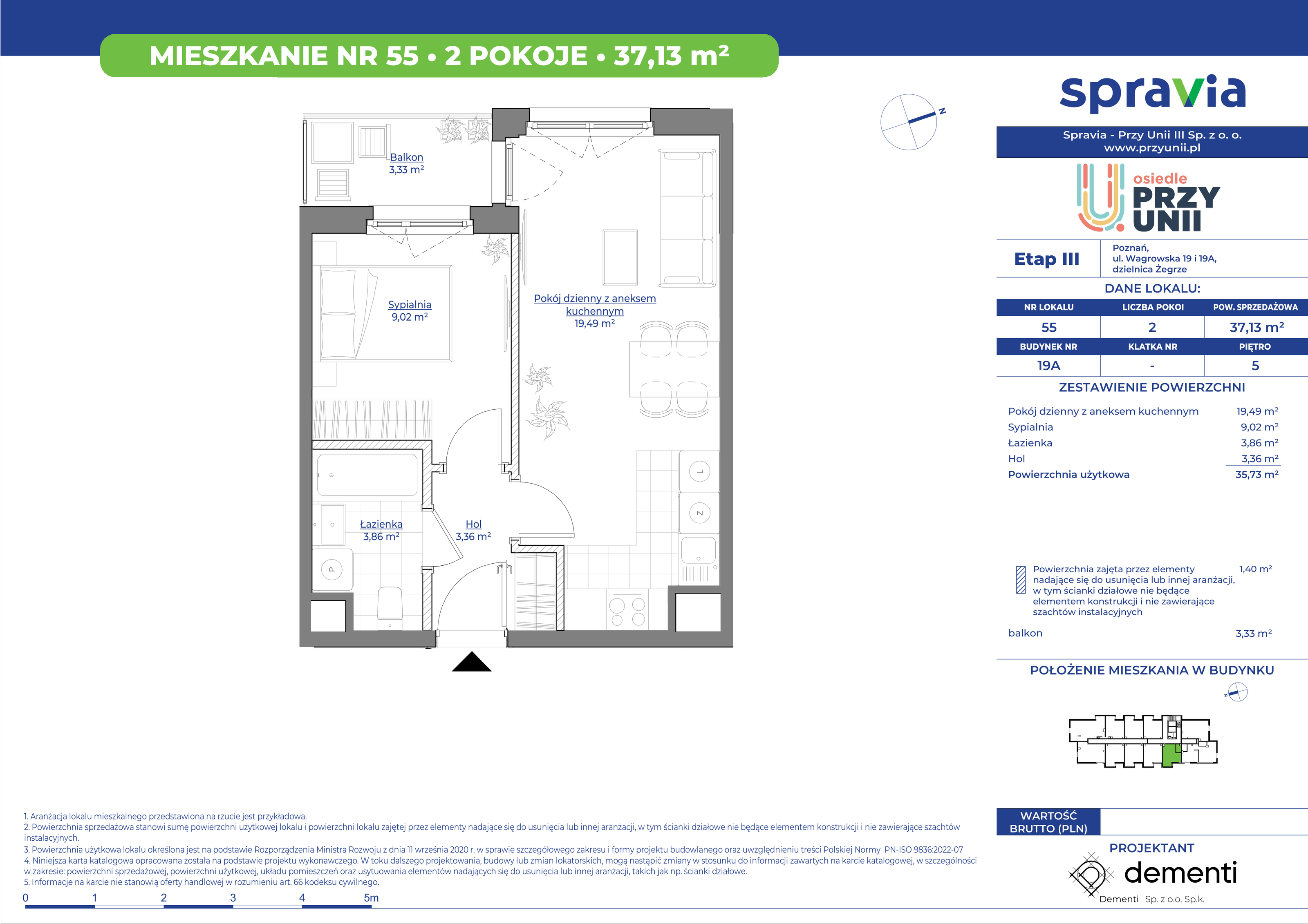 Mieszkanie 37,13 m², piętro 5, oferta nr 19A-55, Przy Unii, Poznań, Żegrze, ul. Wagrowska 19 i 19A-idx