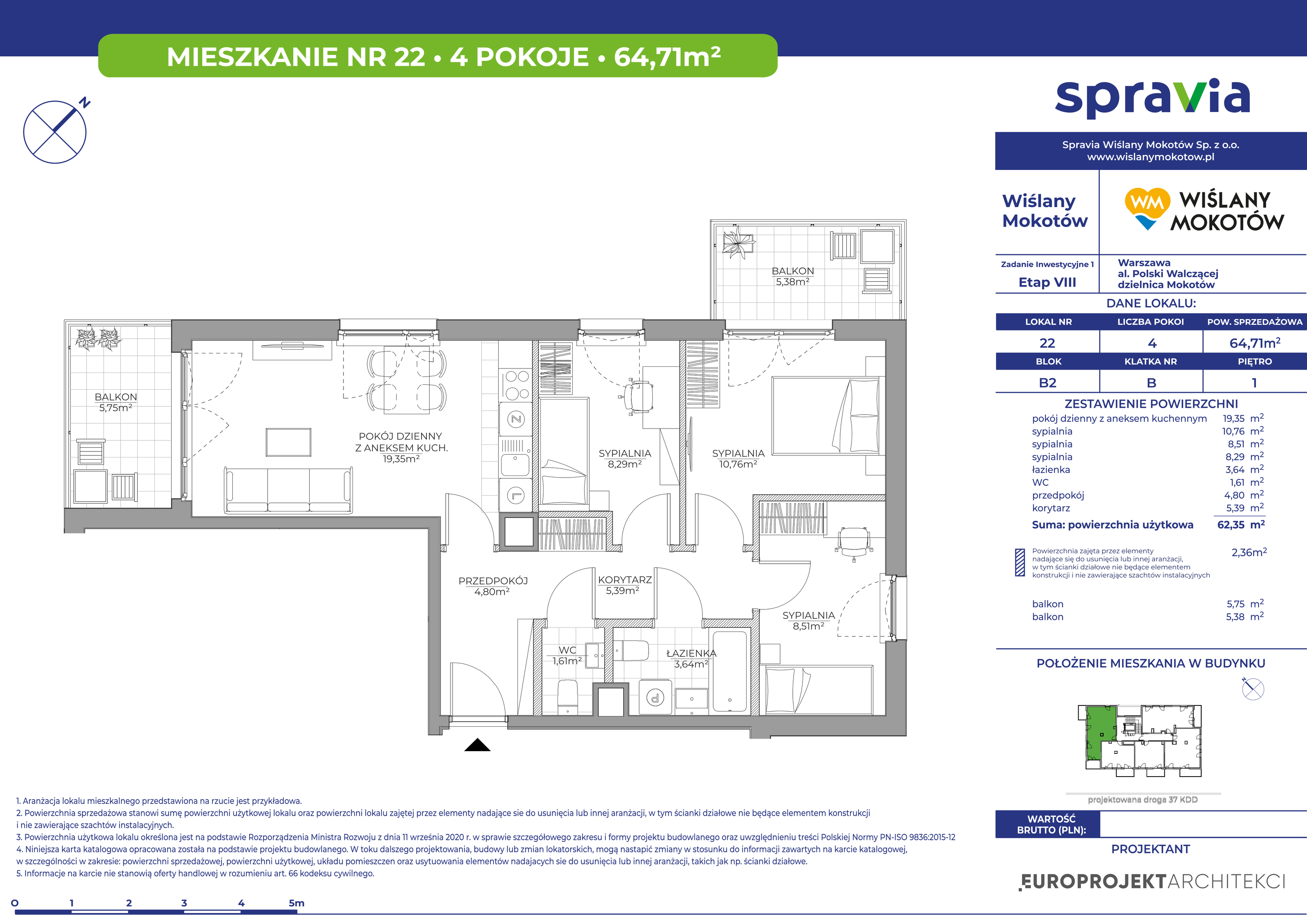 Mieszkanie 64,71 m², piętro 1, oferta nr 22, Wiślany Mokotów, Warszawa, Mokotów, Czerniaków, Al. Polski Walczącej-idx