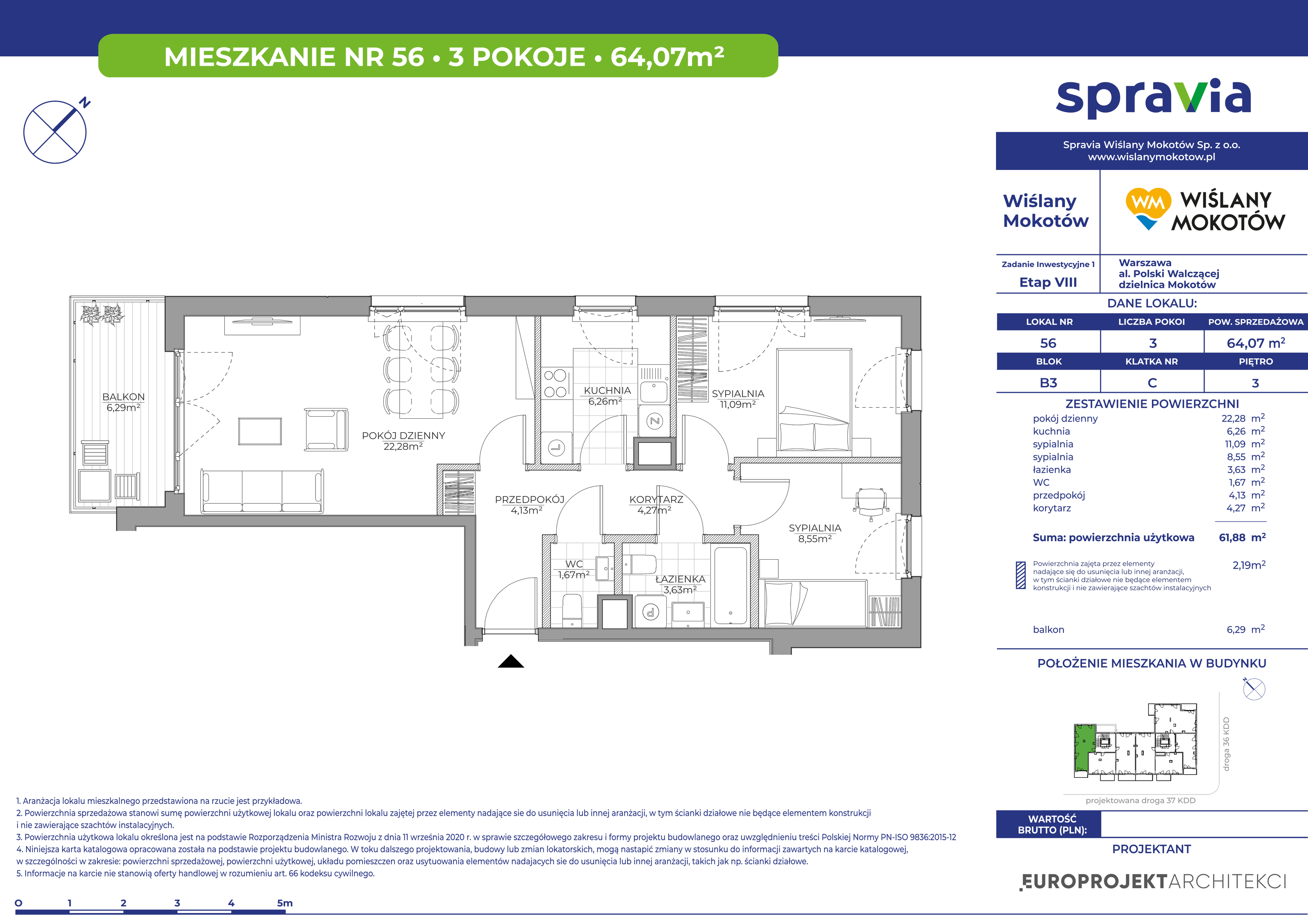 Mieszkanie 64,07 m², piętro 3, oferta nr 56, Wiślany Mokotów, Warszawa, Mokotów, Czerniaków, Al. Polski Walczącej-idx