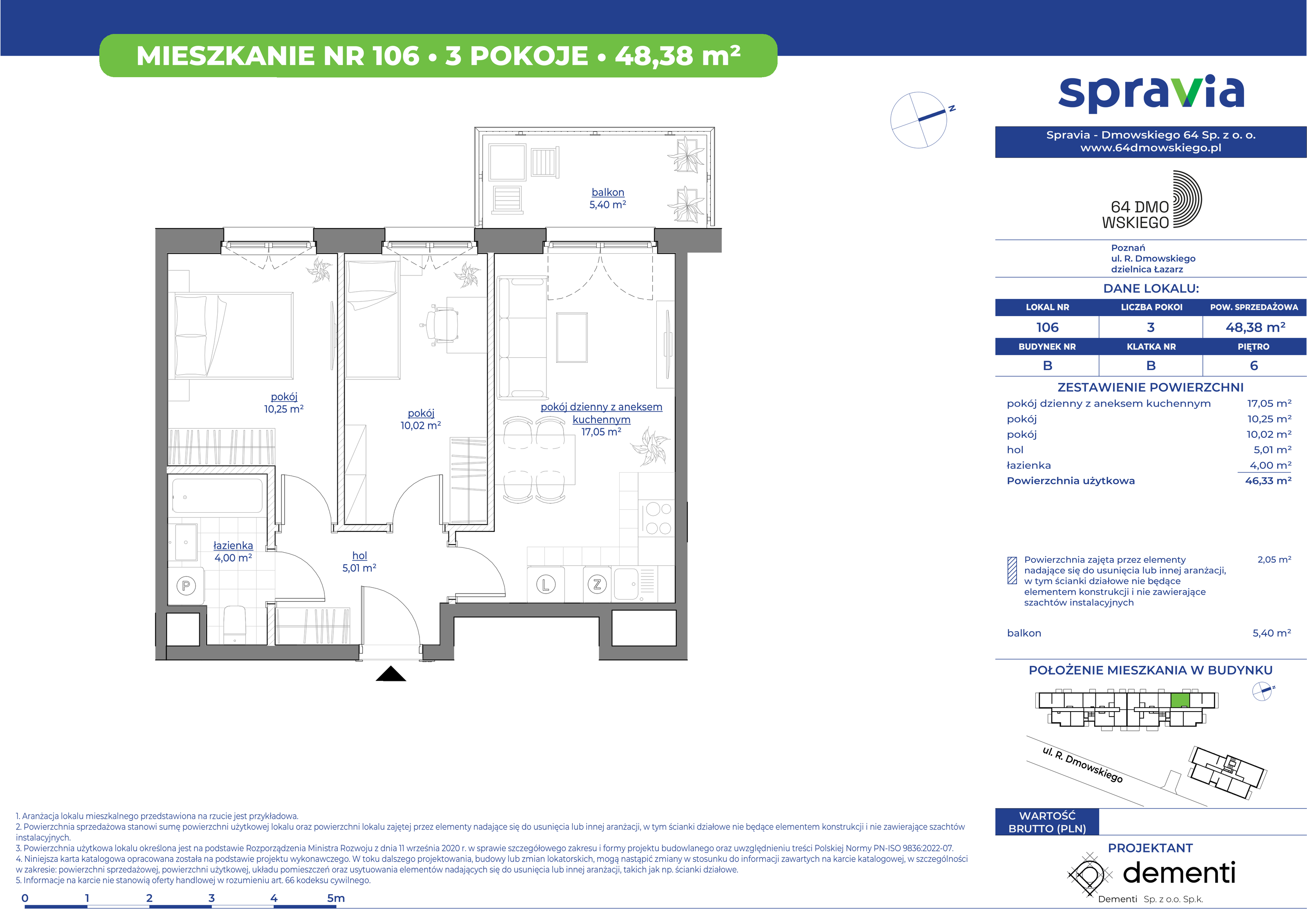 Mieszkanie 48,38 m², piętro 6, oferta nr 106, 64 Dmowskiego, Poznań, Św. Łazarz, Łazarz, ul. R. Dmowskiego-idx