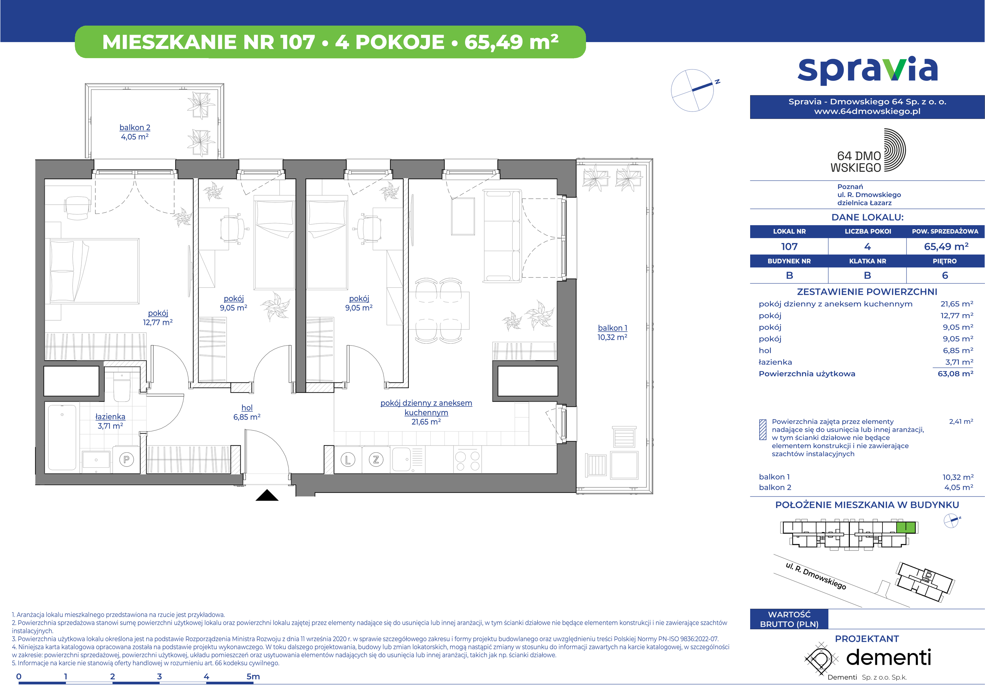 Mieszkanie 65,49 m², piętro 6, oferta nr 107, 64 Dmowskiego, Poznań, Św. Łazarz, Łazarz, ul. R. Dmowskiego-idx