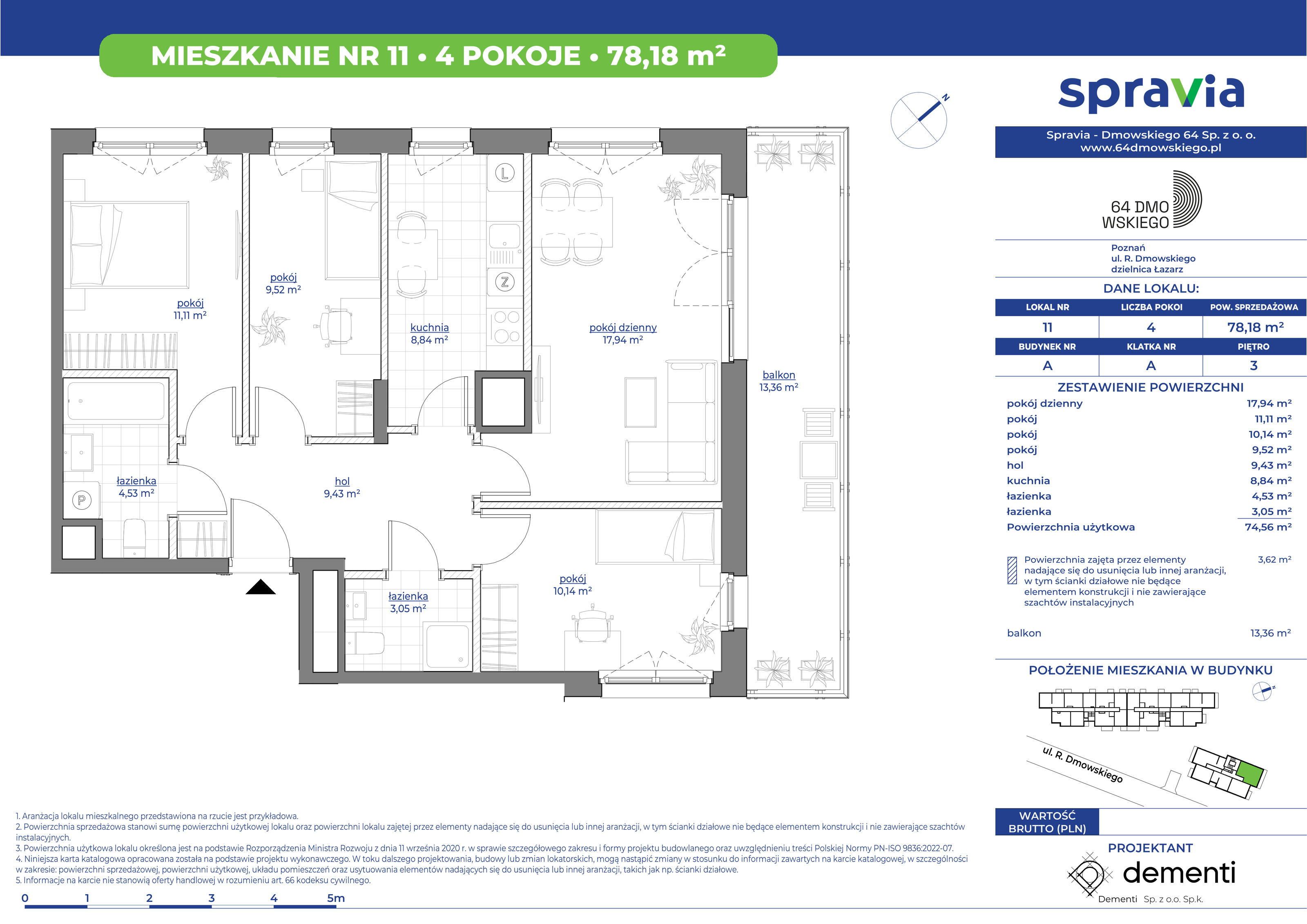 Mieszkanie 78,18 m², piętro 3, oferta nr 11, 64 Dmowskiego, Poznań, Św. Łazarz, Łazarz, ul. R. Dmowskiego-idx