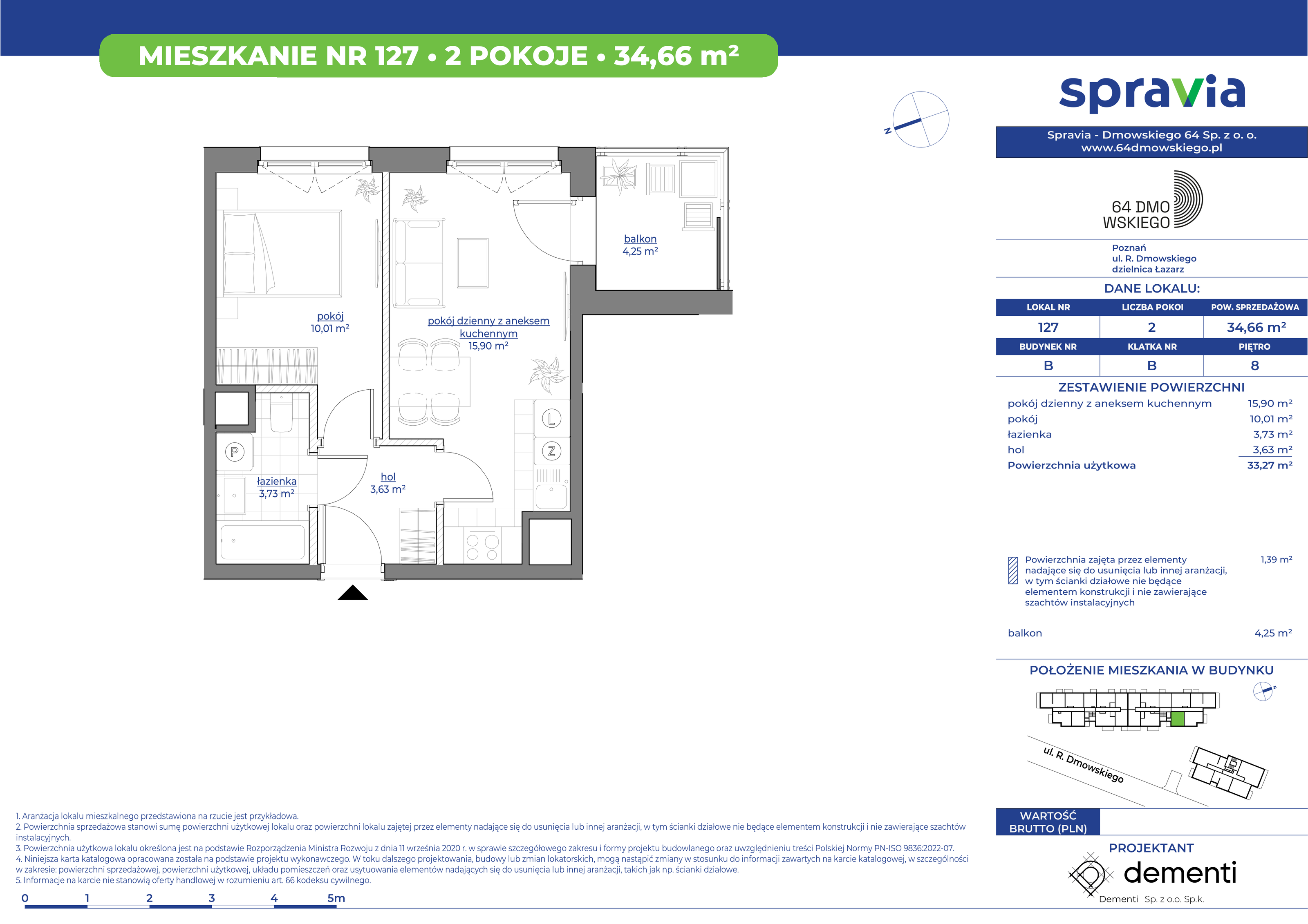 Mieszkanie 34,66 m², piętro 8, oferta nr 127, 64 Dmowskiego, Poznań, Św. Łazarz, Łazarz, ul. R. Dmowskiego-idx