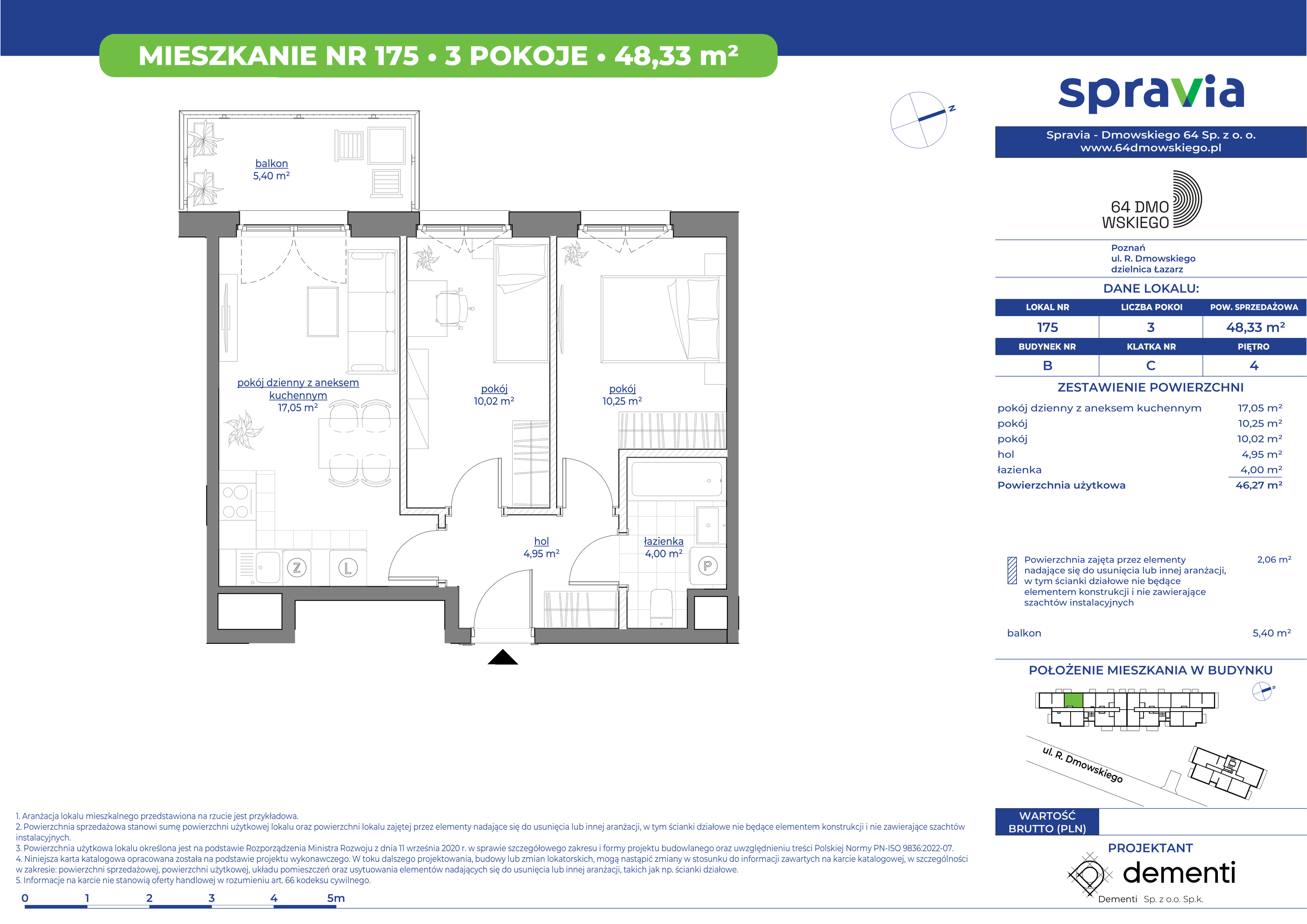 Mieszkanie 48,33 m², piętro 4, oferta nr 175, 64 Dmowskiego, Poznań, Św. Łazarz, Łazarz, ul. R. Dmowskiego-idx