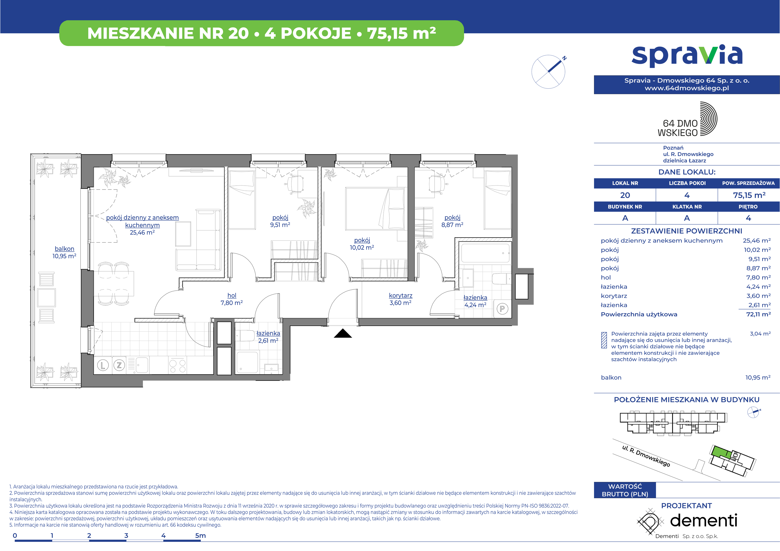 Mieszkanie 75,15 m², piętro 4, oferta nr 20, 64 Dmowskiego, Poznań, Św. Łazarz, Łazarz, ul. R. Dmowskiego-idx