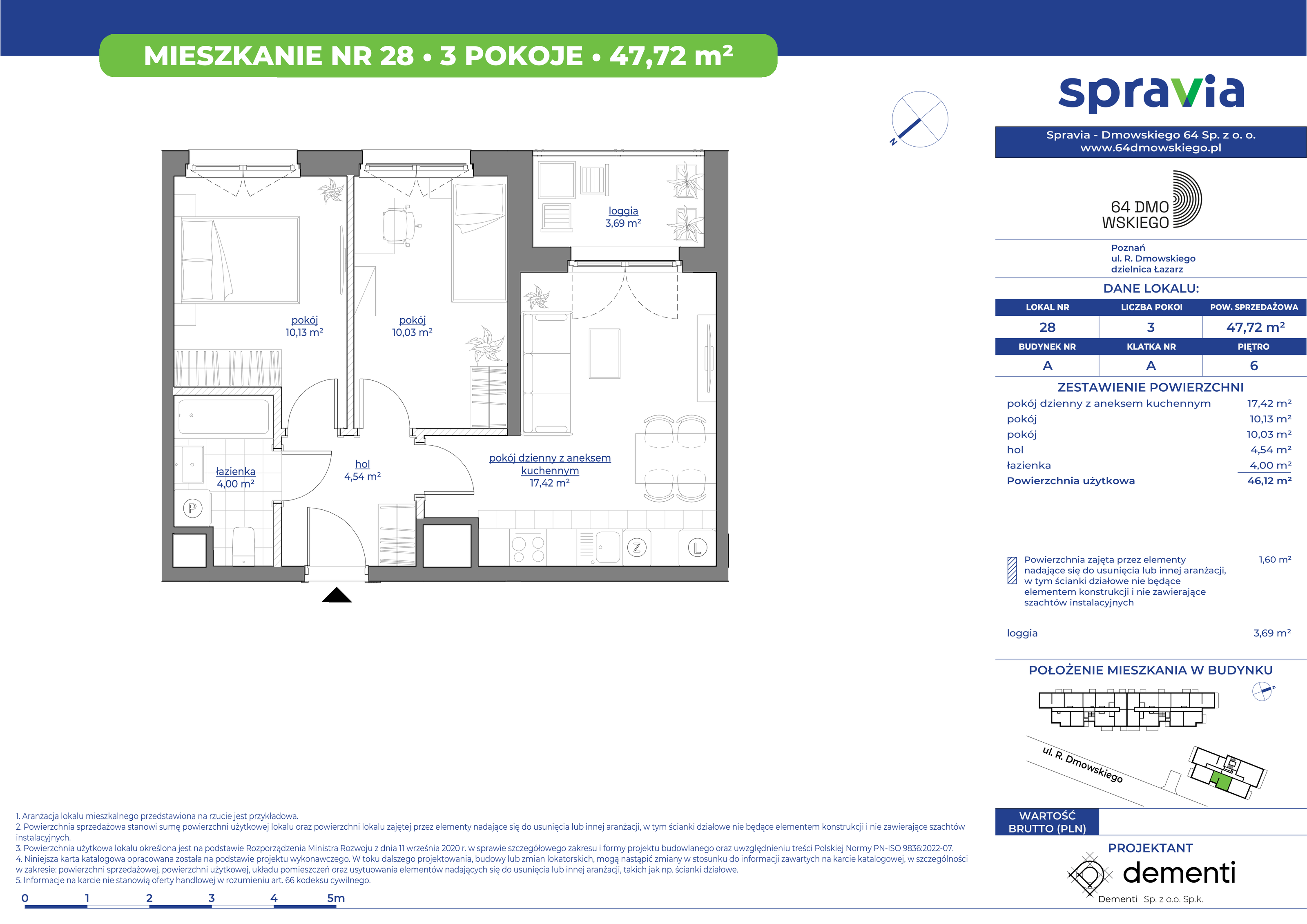 Mieszkanie 47,72 m², piętro 6, oferta nr 28, 64 Dmowskiego, Poznań, Św. Łazarz, Łazarz, ul. R. Dmowskiego-idx