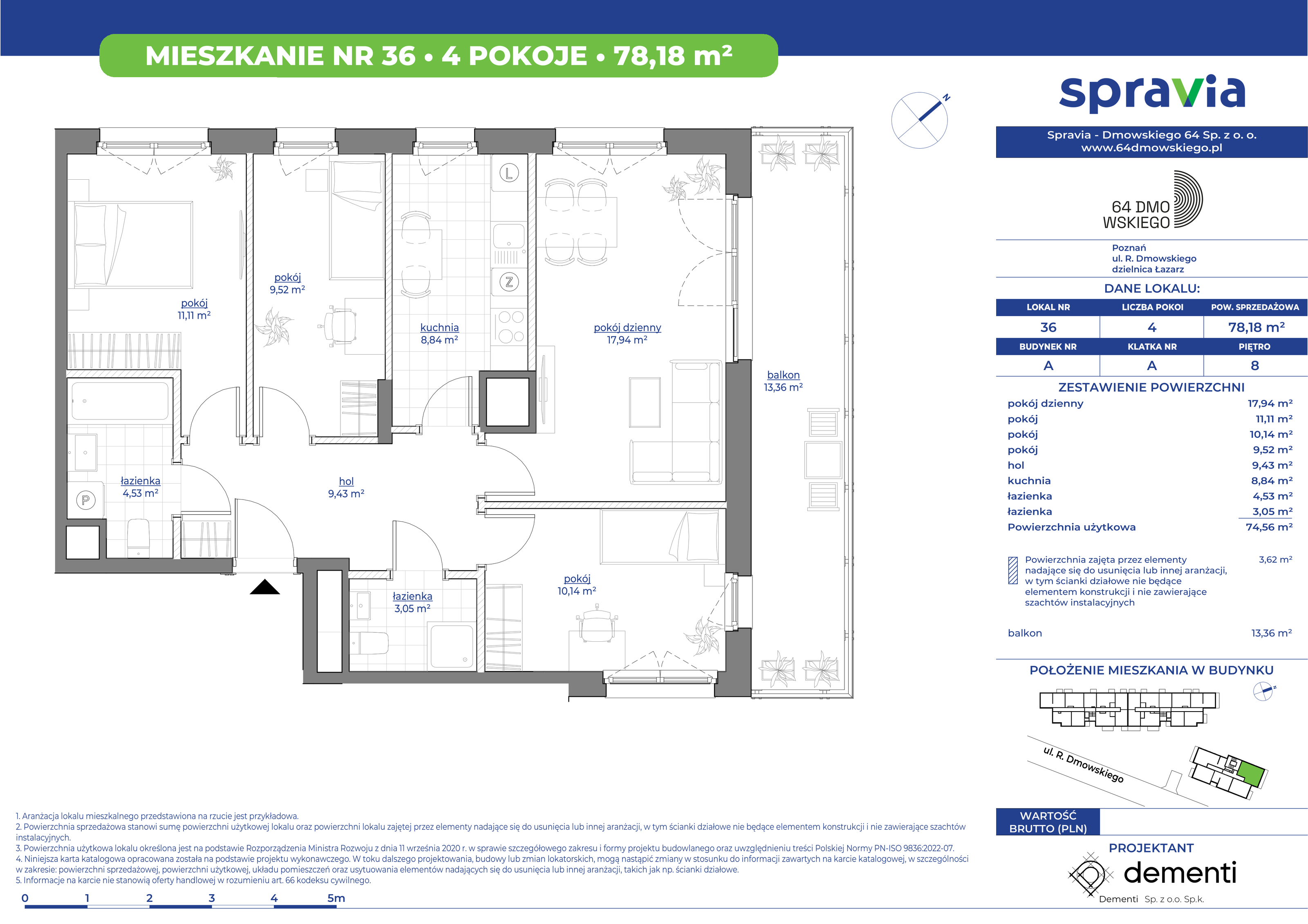 Mieszkanie 78,18 m², piętro 8, oferta nr 36, 64 Dmowskiego, Poznań, Św. Łazarz, Łazarz, ul. R. Dmowskiego-idx