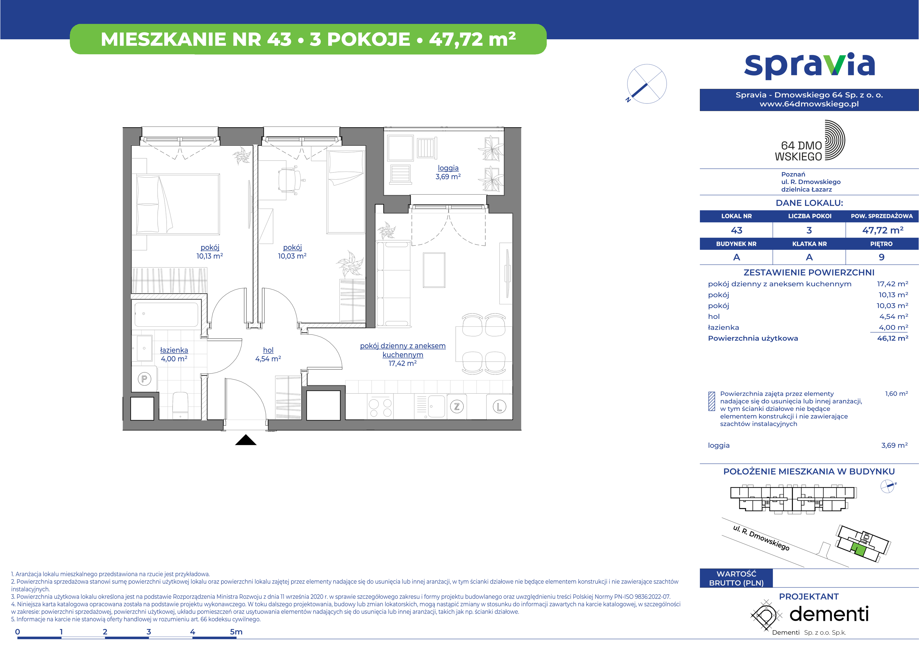 Mieszkanie 47,72 m², piętro 9, oferta nr 43, 64 Dmowskiego, Poznań, Św. Łazarz, Łazarz, ul. R. Dmowskiego-idx