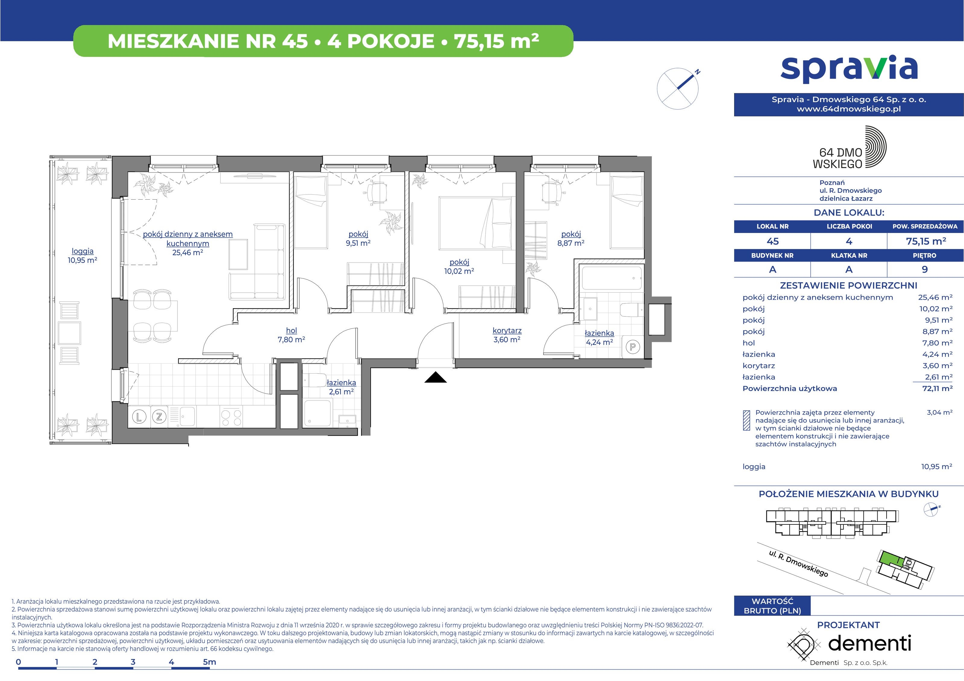 Mieszkanie 75,15 m², piętro 9, oferta nr 45, 64 Dmowskiego, Poznań, Św. Łazarz, Łazarz, ul. R. Dmowskiego-idx