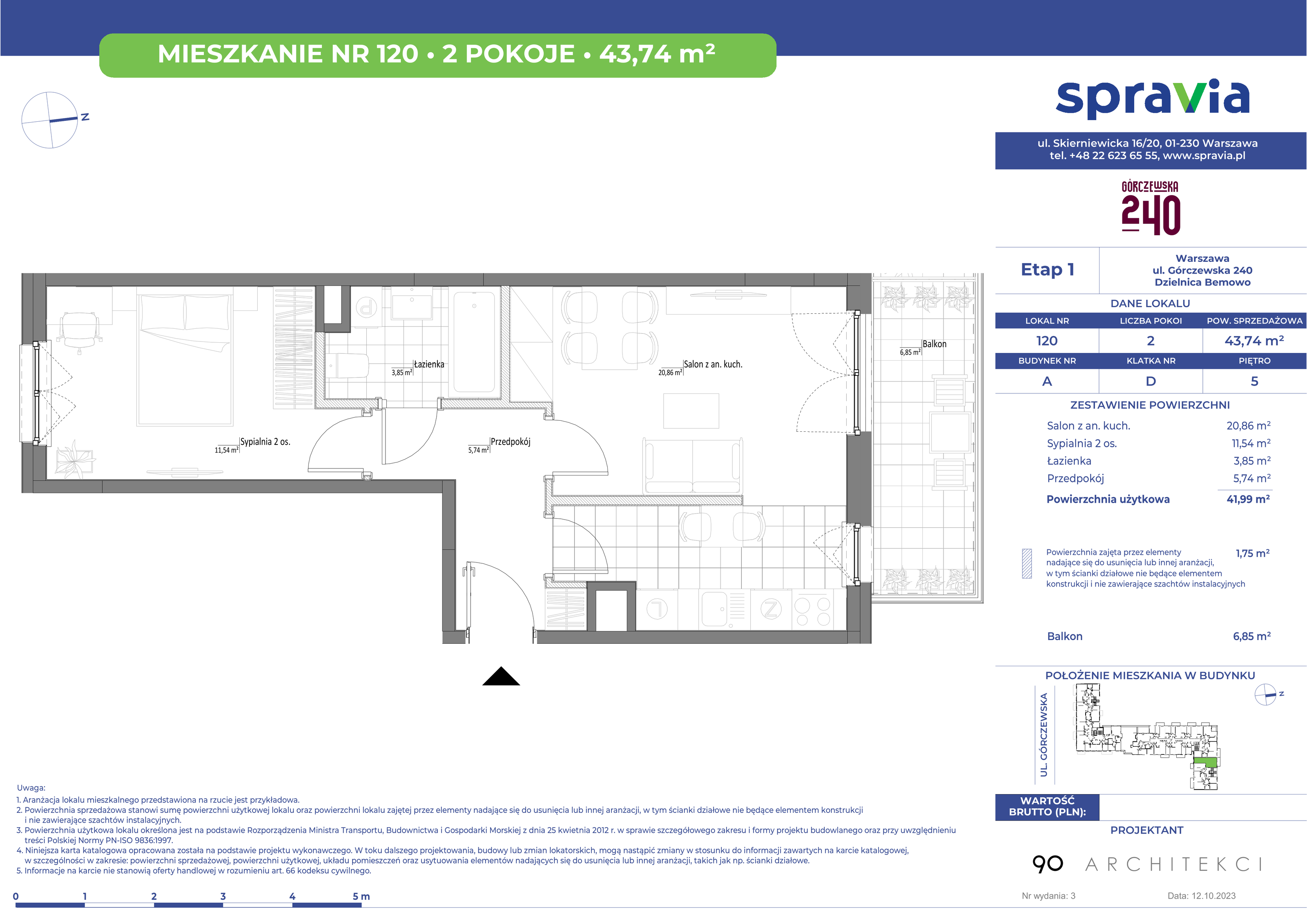 Mieszkanie 43,74 m², piętro 5, oferta nr 120, Górczewska 240, Warszawa, Bemowo, Górce, ul. Górczewska 240-idx