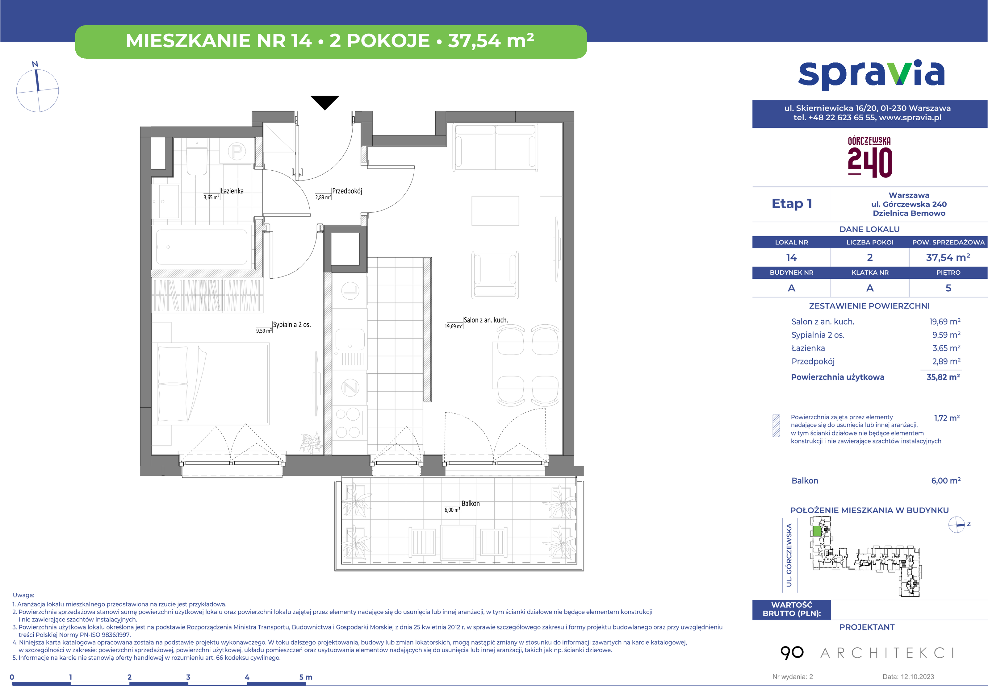 Mieszkanie 37,54 m², piętro 5, oferta nr 14, Górczewska 240, Warszawa, Bemowo, Górce, ul. Górczewska 240-idx