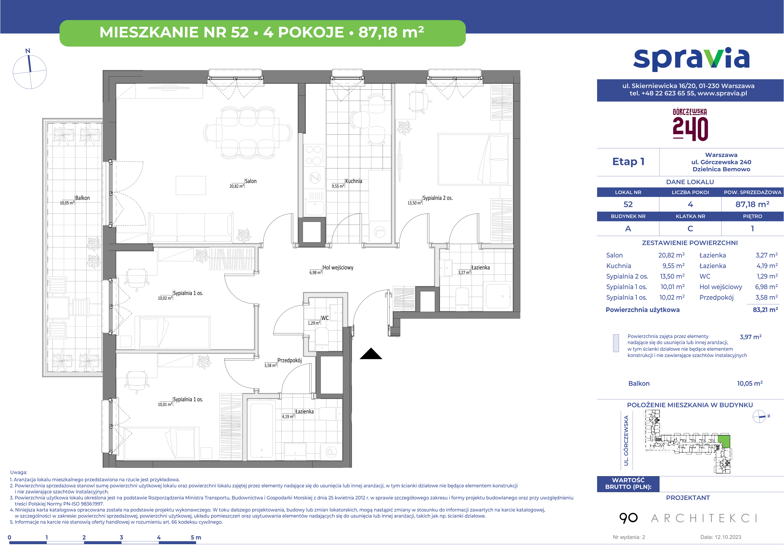 Mieszkanie 87,18 m², piętro 1, oferta nr 52, Górczewska 240, Warszawa, Bemowo, Górce, ul. Górczewska 240-idx