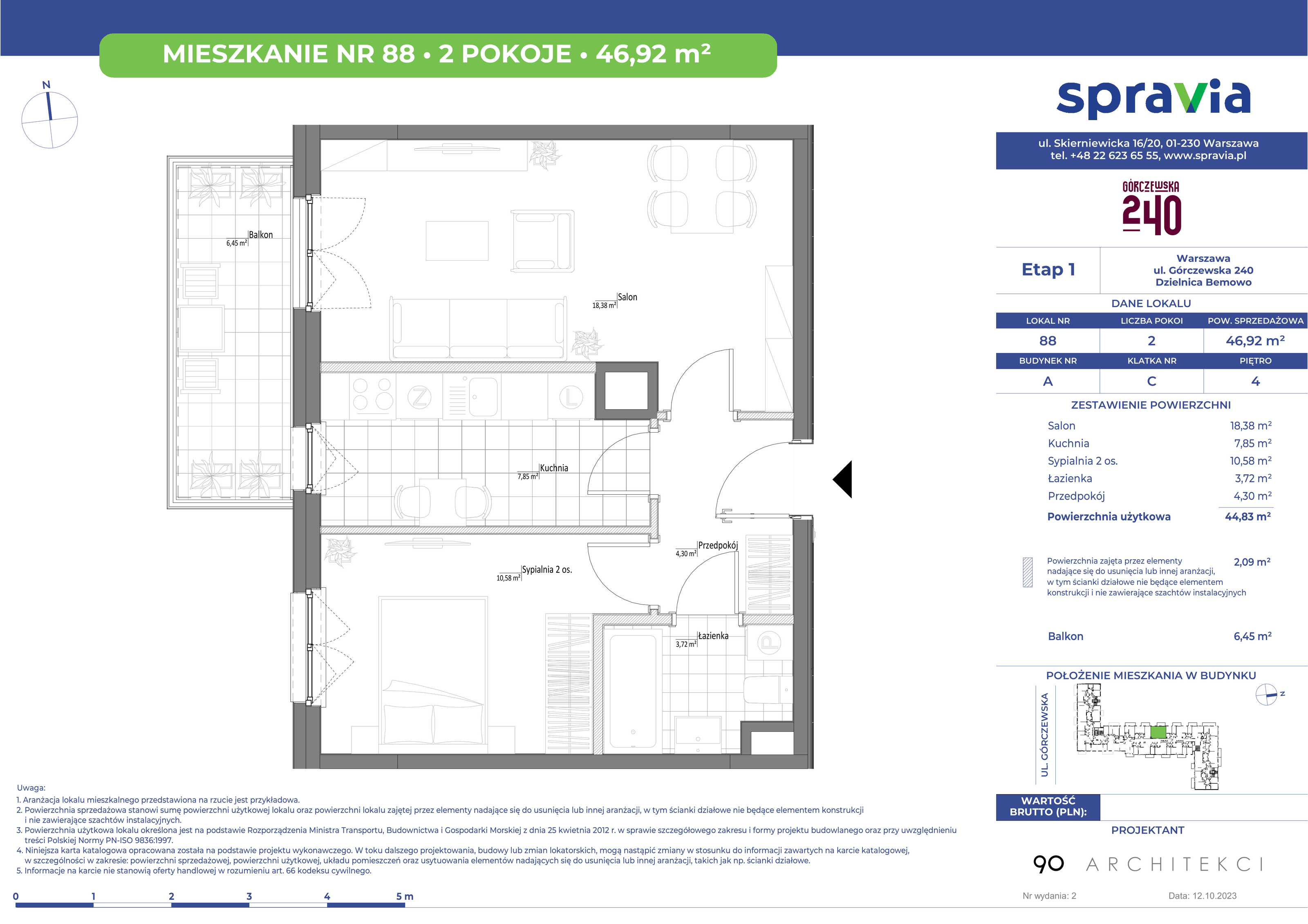 Mieszkanie 46,92 m², piętro 4, oferta nr 88, Górczewska 240, Warszawa, Bemowo, Górce, ul. Górczewska 240-idx