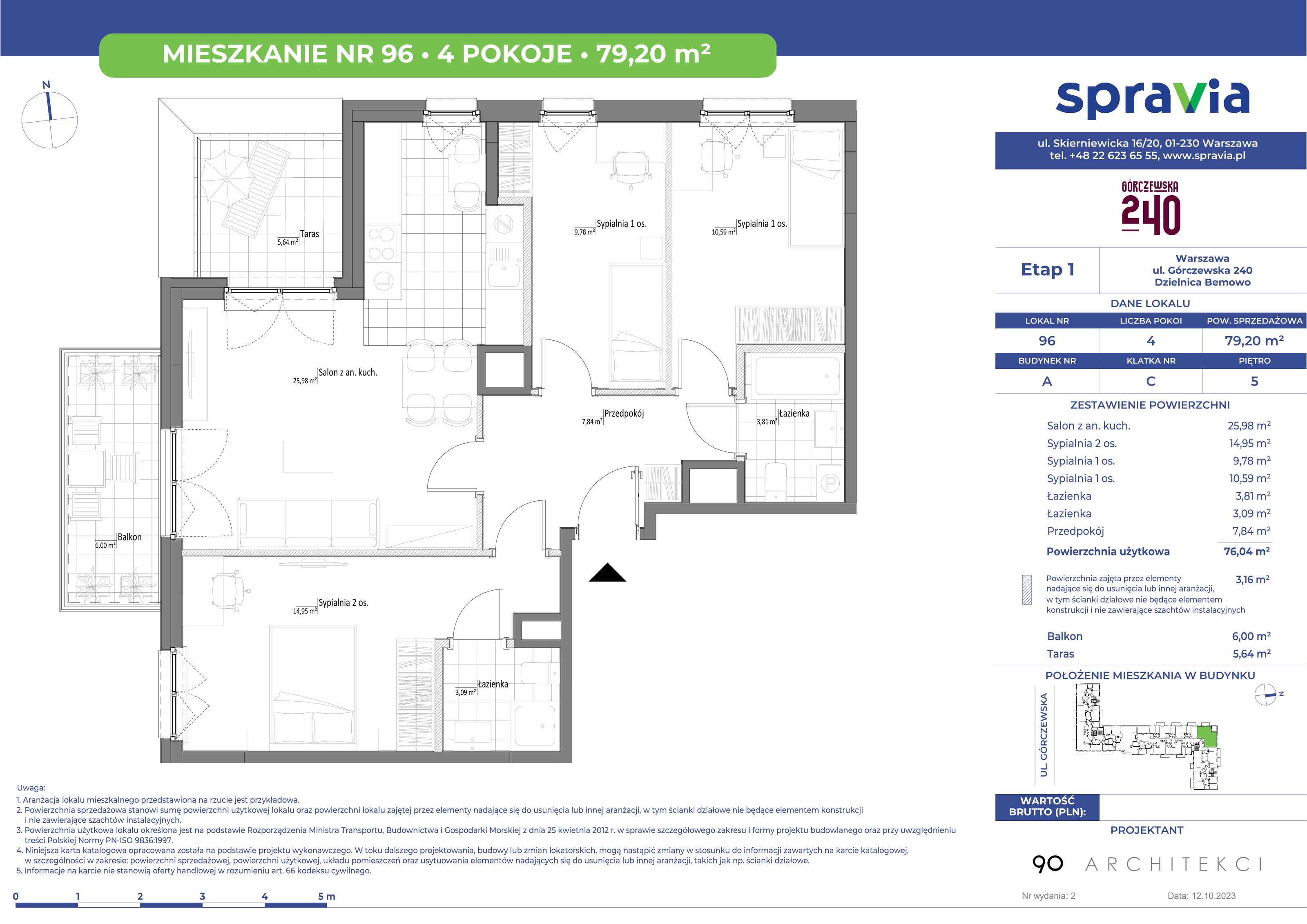 Mieszkanie 79,20 m², piętro 5, oferta nr 96, Górczewska 240, Warszawa, Bemowo, Górce, ul. Górczewska 240-idx