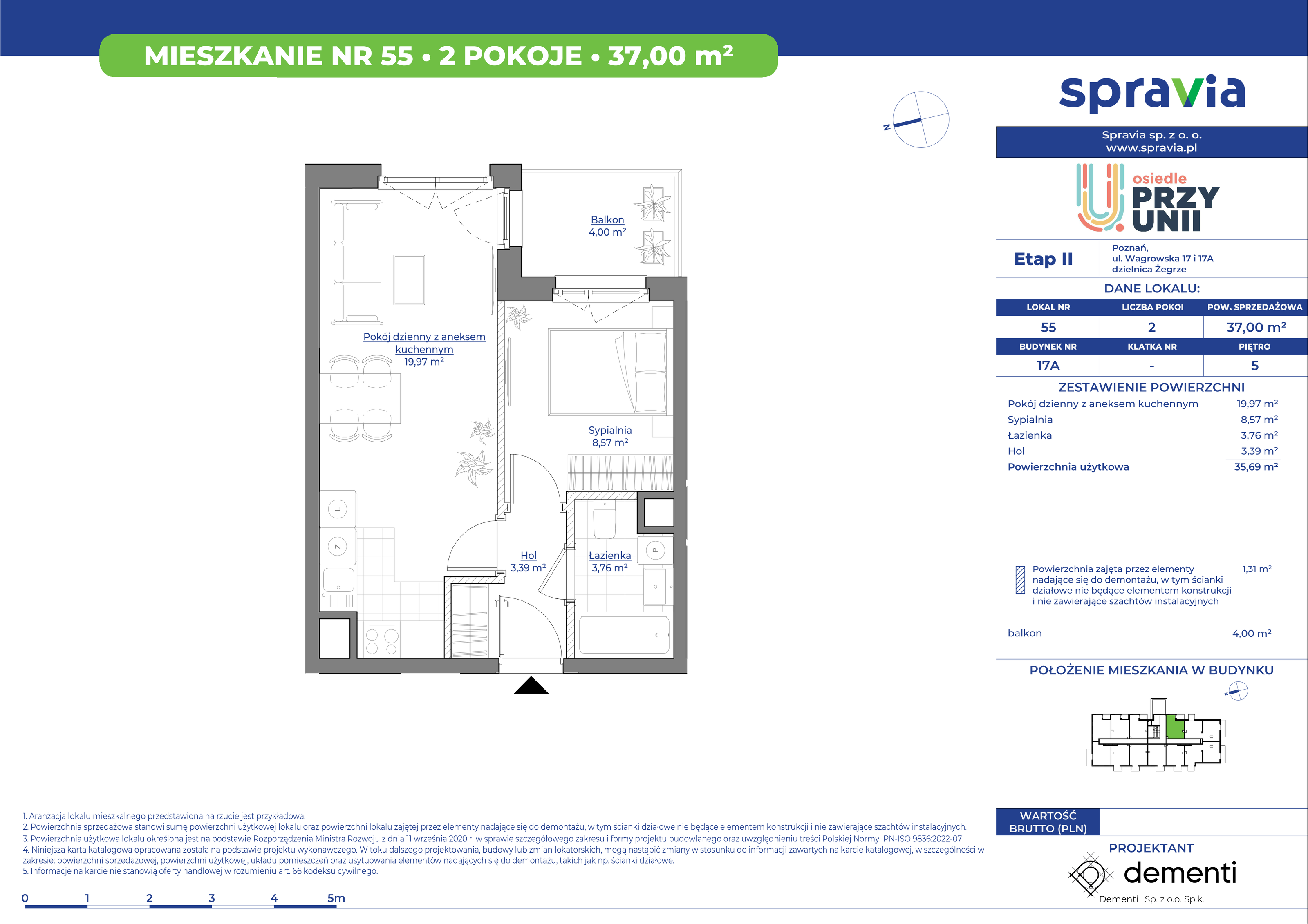 Mieszkanie 37,00 m², piętro 5, oferta nr 17A_55, Przy Unii II, Poznań, Starołęka-Minikowo-Marlewo, Nowe Miasto, ul. Wagrowska 17 i 17A-idx