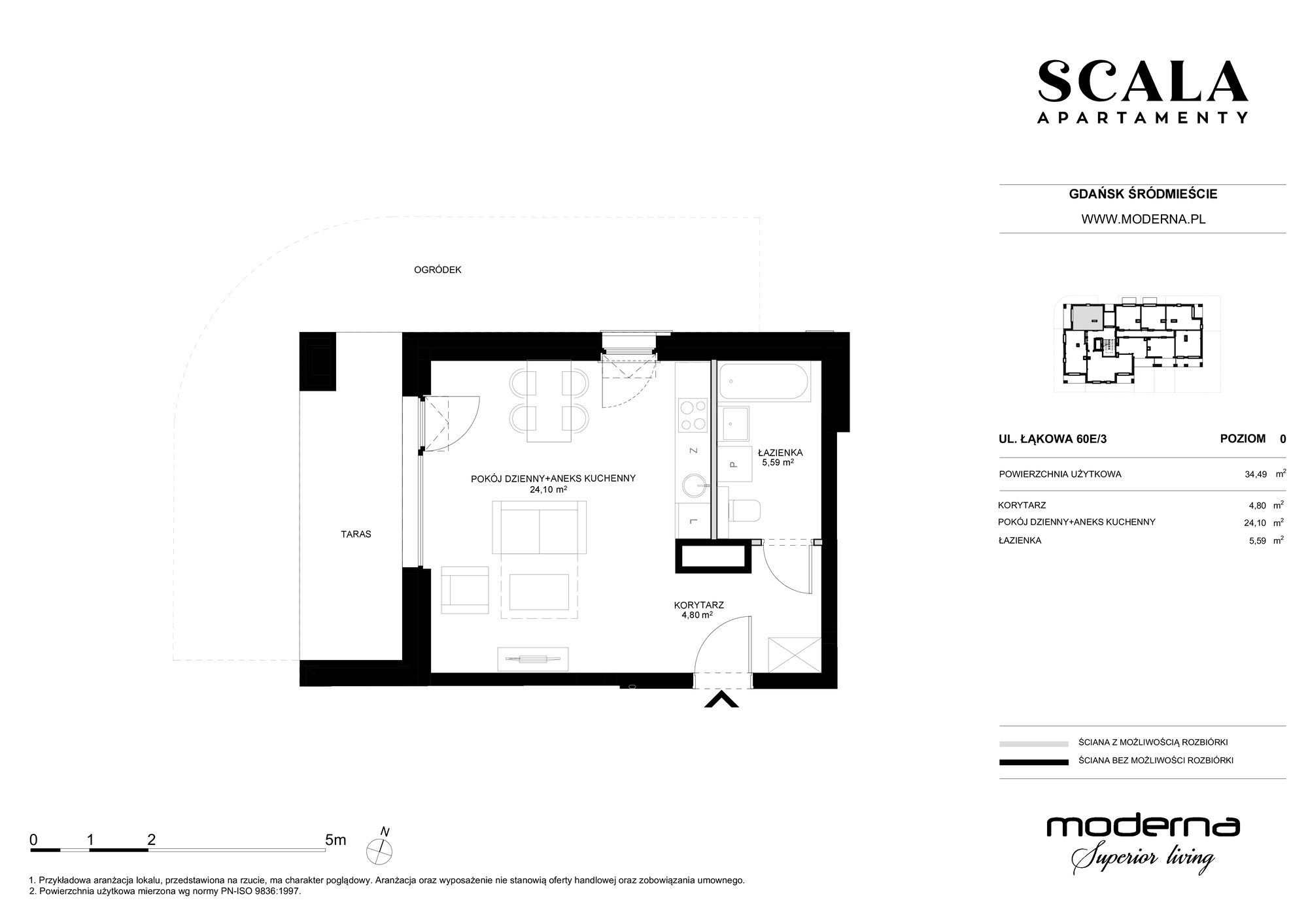 Mieszkanie 34,49 m², parter, oferta nr E-3 (N), Scala, Gdańsk, Śródmieście, ul. Łąkowa 60C-idx