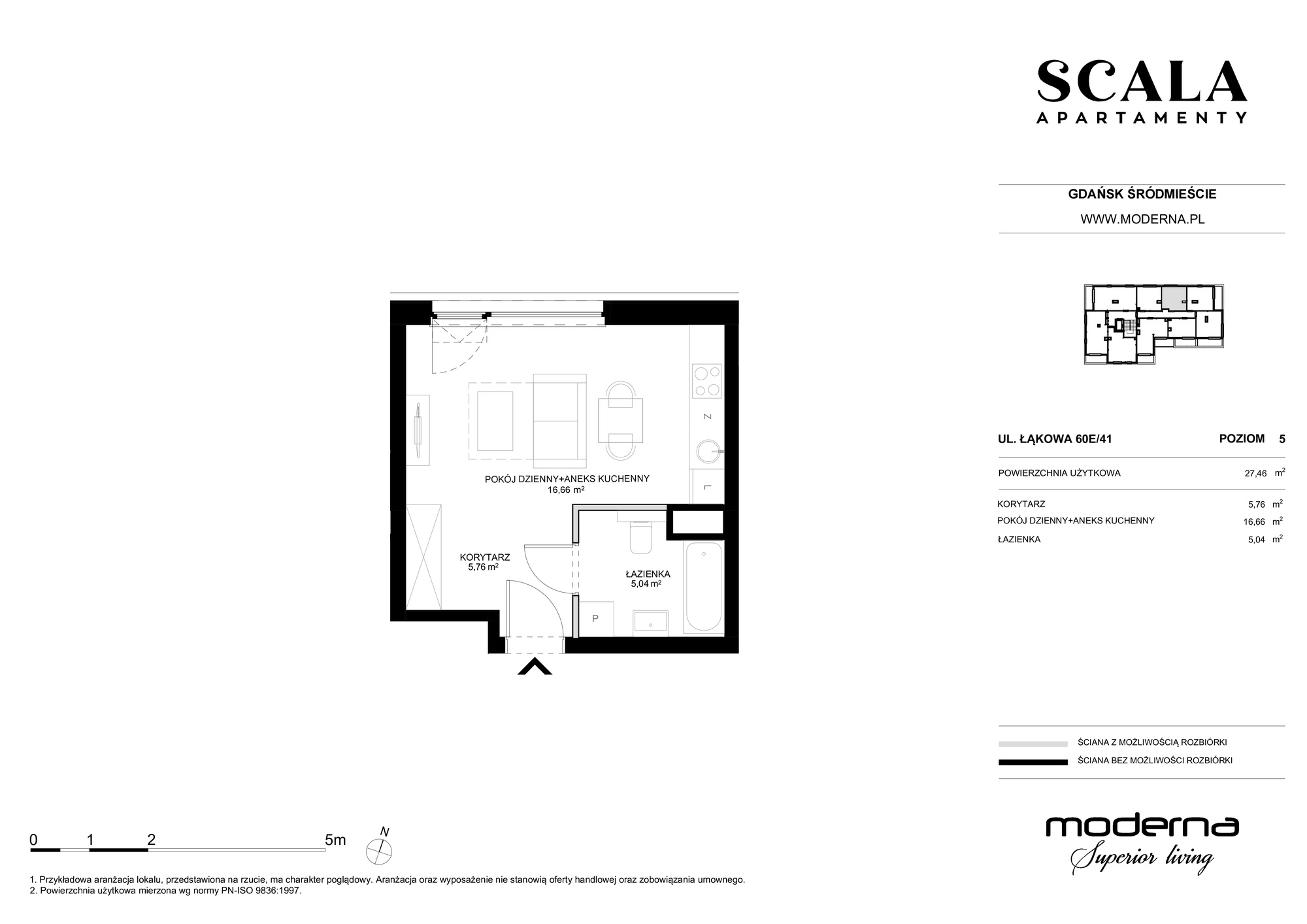 Mieszkanie 27,46 m², piętro 5, oferta nr E-41 (N), Scala, Gdańsk, Śródmieście, ul. Łąkowa 60C-idx