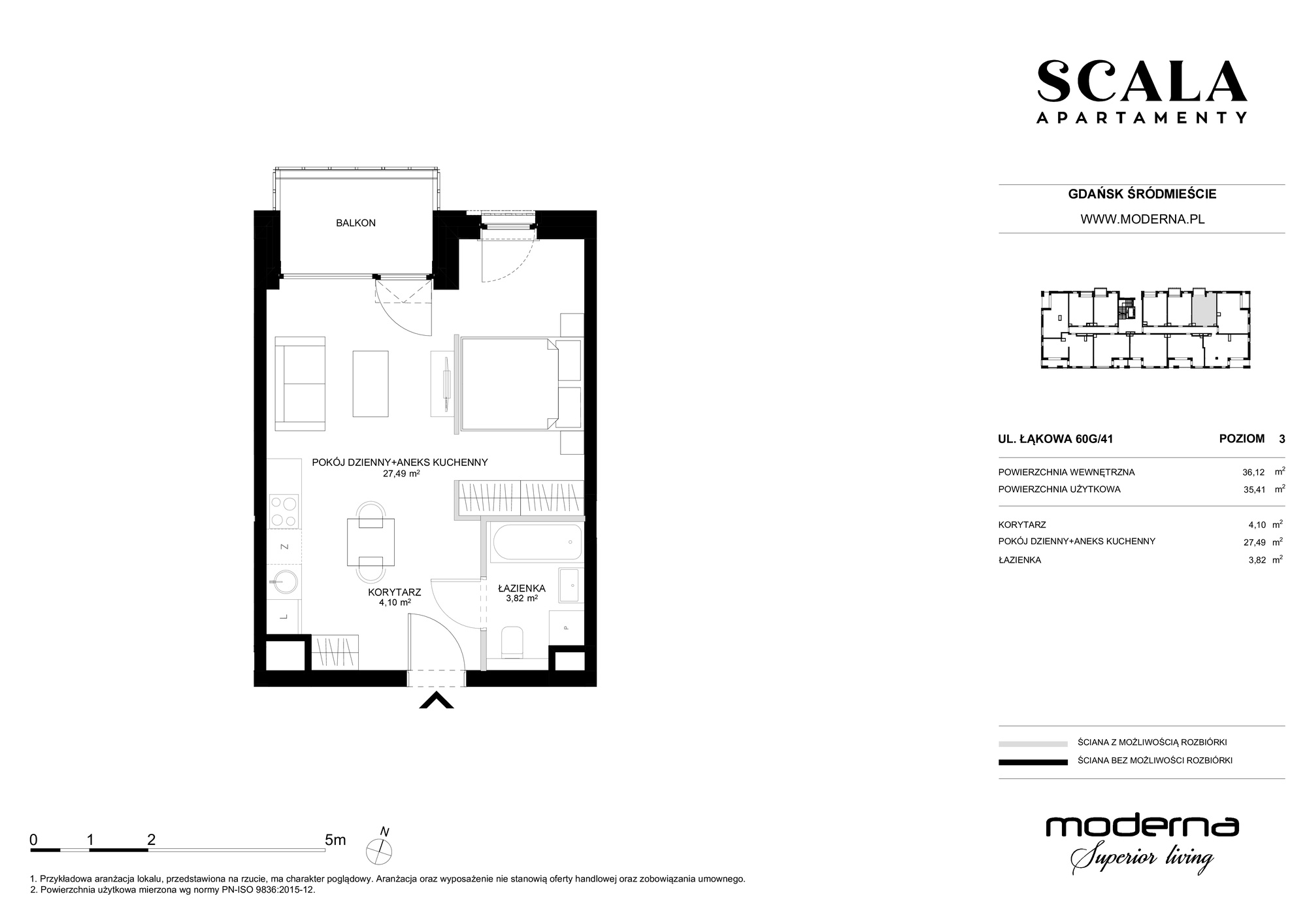 Mieszkanie 35,41 m², piętro 3, oferta nr G-41 (N), Scala, Gdańsk, Śródmieście, ul. Łąkowa 60C-idx