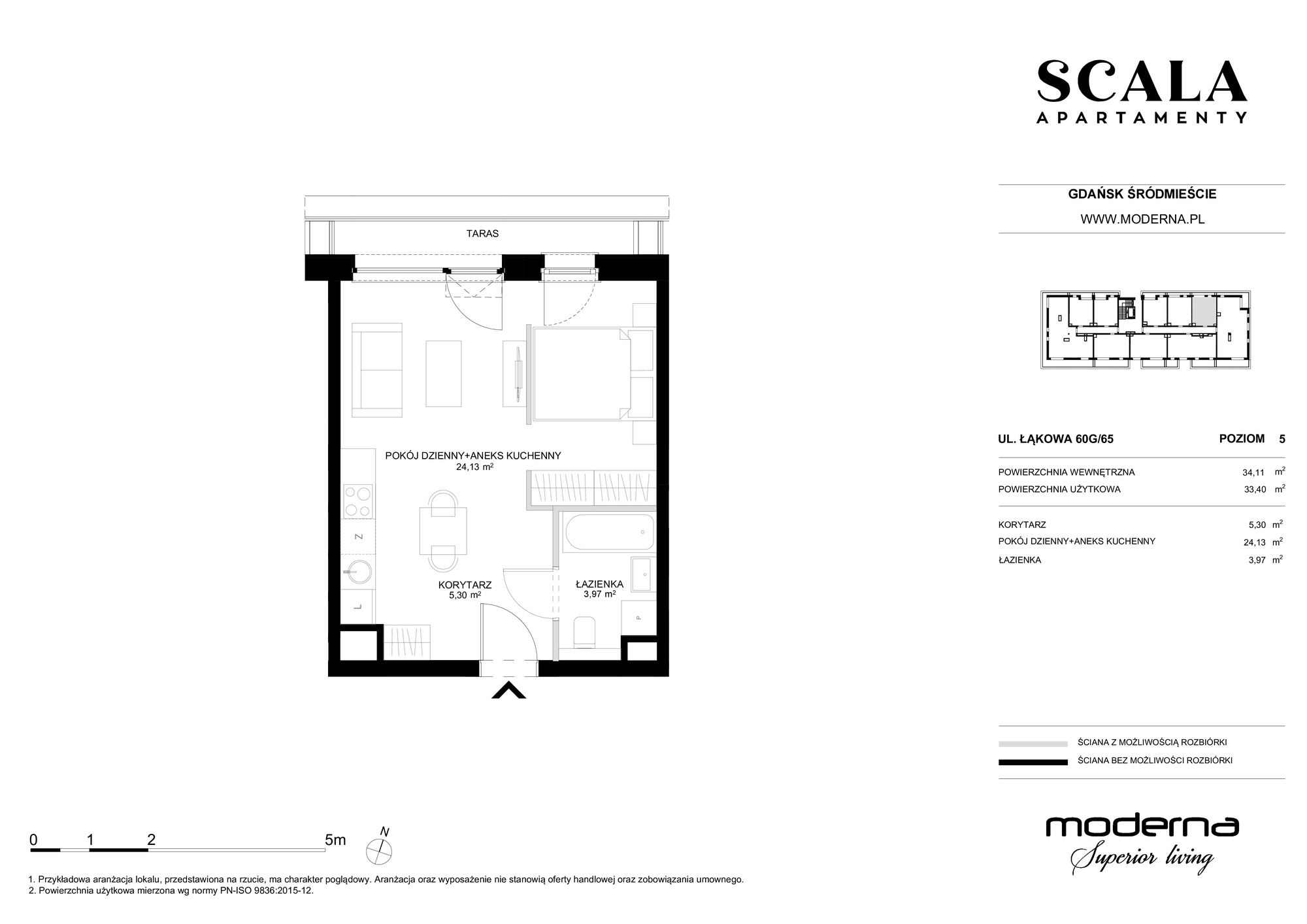 Mieszkanie 33,40 m², piętro 5, oferta nr G-65 (C), Scala, Gdańsk, Śródmieście, ul. Łąkowa 60C-idx