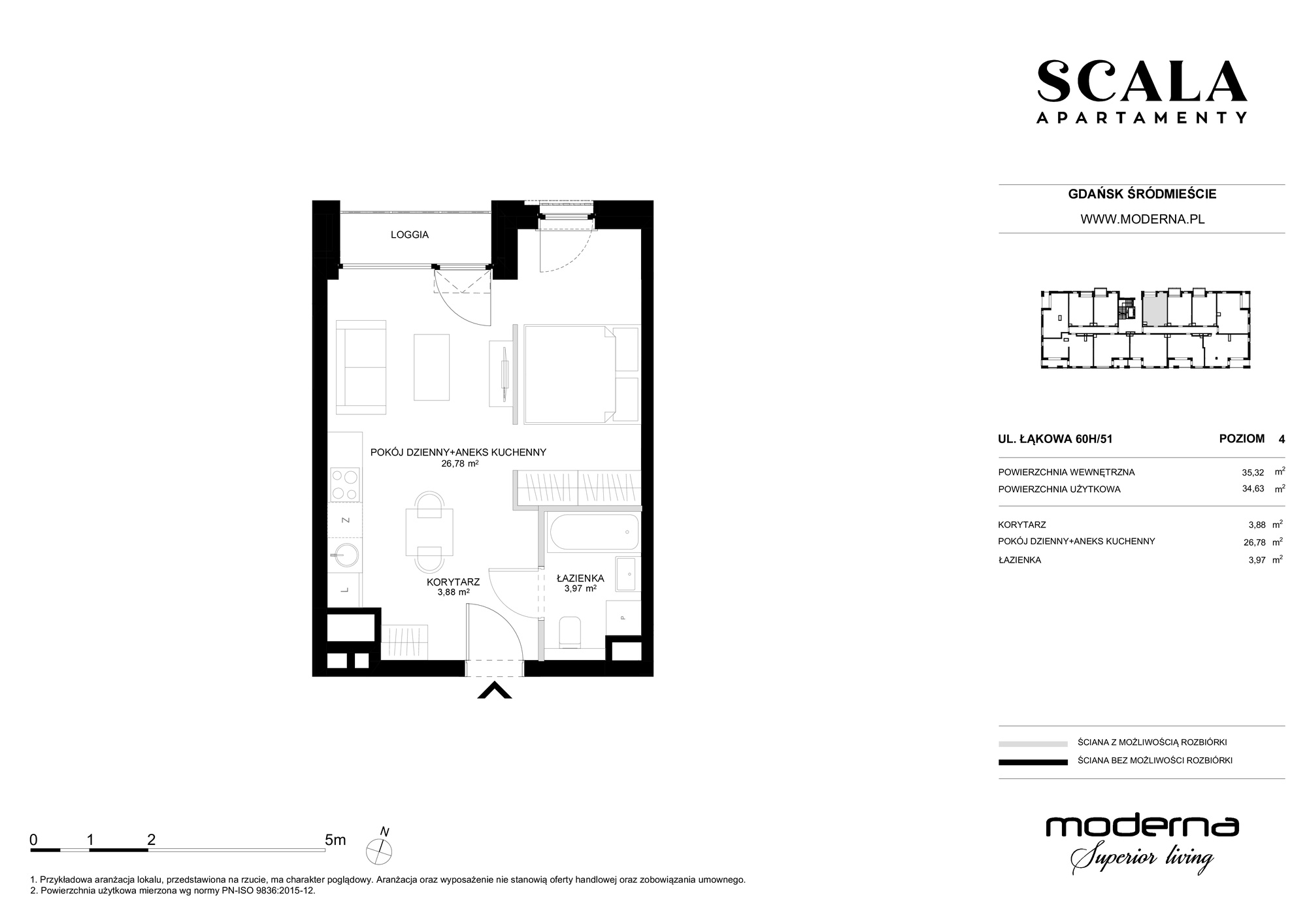 Mieszkanie 34,63 m², piętro 4, oferta nr H-51 (E), Scala, Gdańsk, Śródmieście, ul. Łąkowa 60C-idx