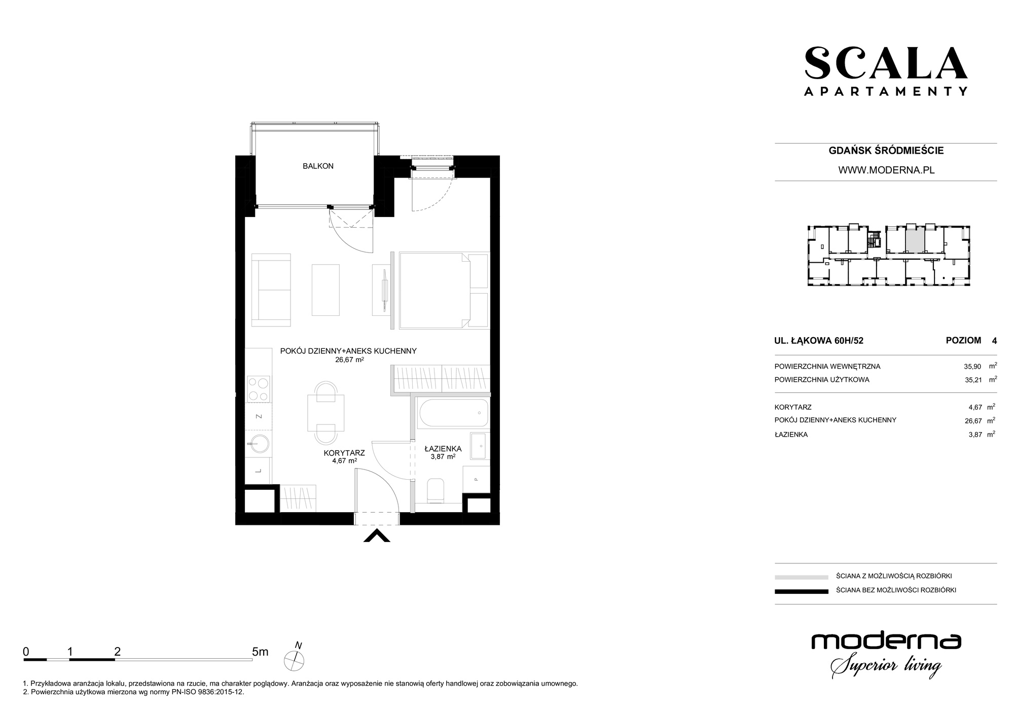 Apartament 35,21 m², piętro 4, oferta nr H-52 (N), Scala, Gdańsk, Śródmieście, ul. Łąkowa 60C-idx