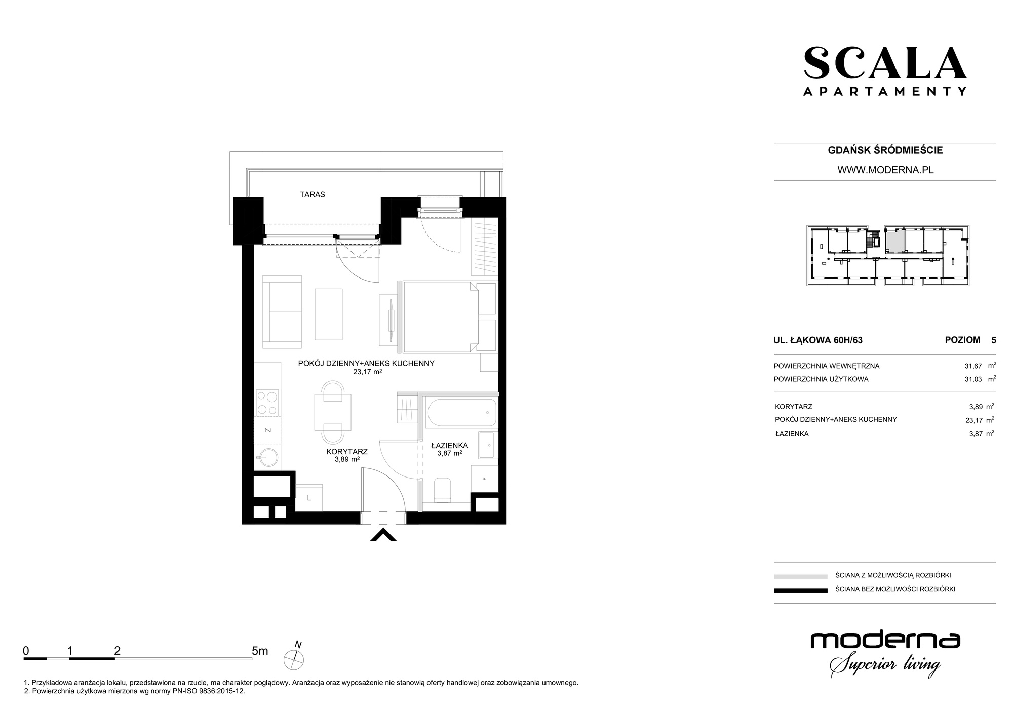 Mieszkanie 31,03 m², piętro 5, oferta nr H-63 (C), Scala, Gdańsk, Śródmieście, ul. Łąkowa 60C-idx