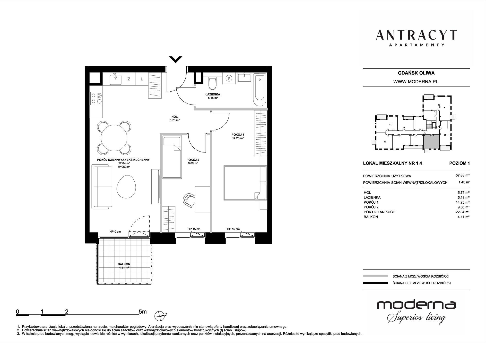 Apartament 57,88 m², piętro 1, oferta nr 1.4, Antracyt, Gdańsk, Oliwa, ul. Czyżewskiego 31A-idx