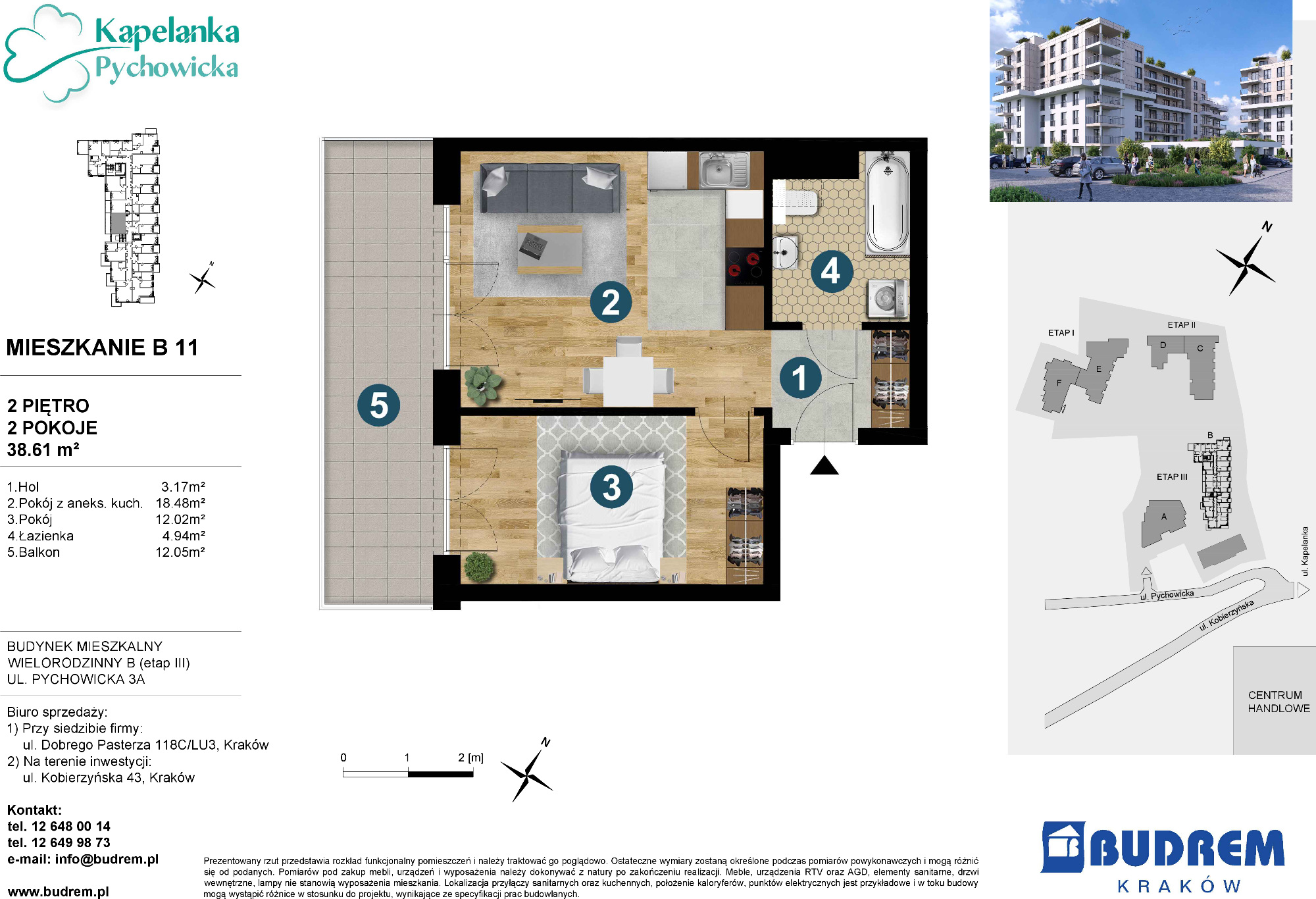 Mieszkanie 38,61 m², piętro 2, oferta nr B11, Kapelanka – Pychowicka - Budynek B, Kraków, Dębniki, Zakrzówek, ul. Pychowicka 3 / 3A-idx