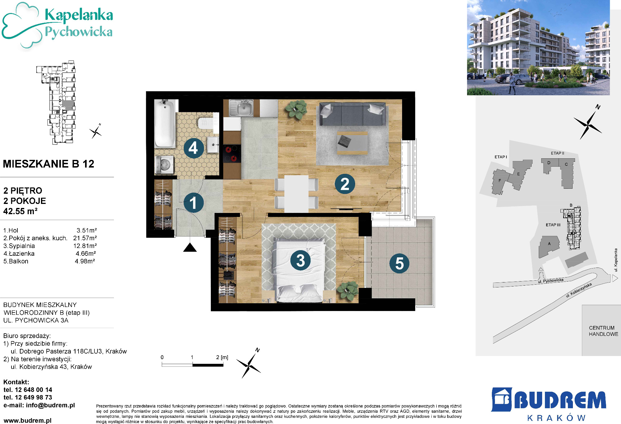 Mieszkanie 42,55 m², piętro 2, oferta nr B12, Kapelanka – Pychowicka - Budynek B, Kraków, Dębniki, Zakrzówek, ul. Pychowicka 3 / 3A-idx