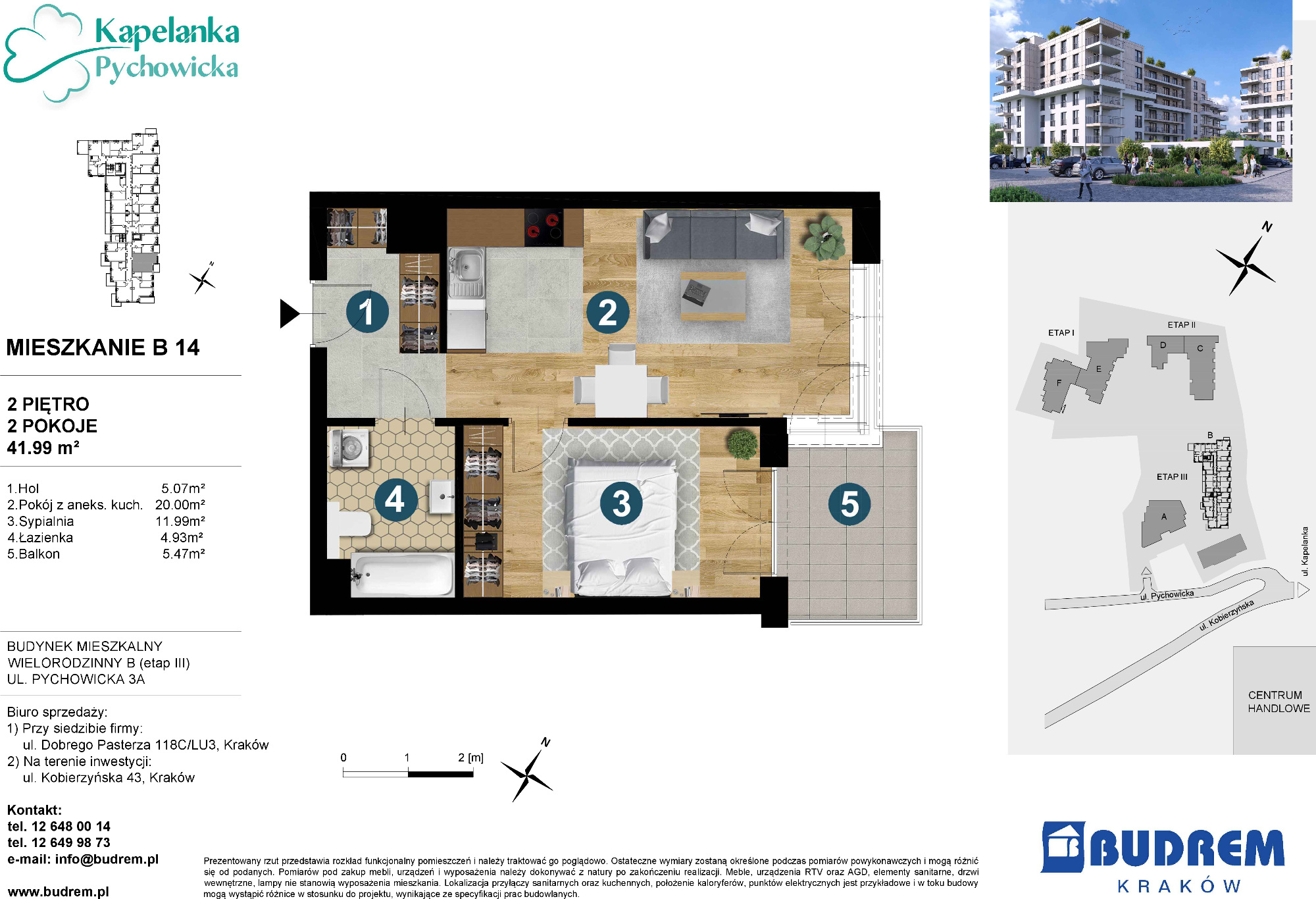 Mieszkanie 41,99 m², piętro 2, oferta nr B14, Kapelanka – Pychowicka - Budynek B, Kraków, Dębniki, Zakrzówek, ul. Pychowicka 3 / 3A-idx