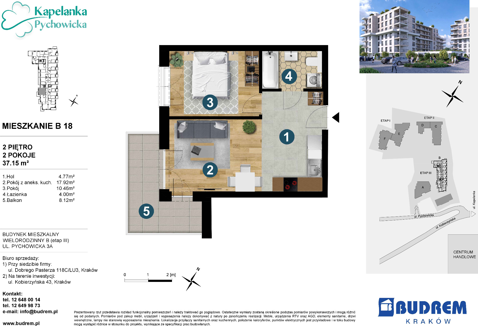 Mieszkanie 37,15 m², piętro 2, oferta nr B18, Kapelanka – Pychowicka - Budynek B, Kraków, Dębniki, Zakrzówek, ul. Pychowicka 3 / 3A-idx