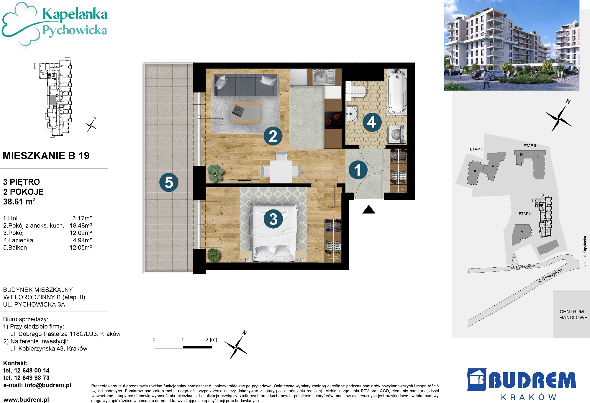 Mieszkanie 38,61 m², piętro 3, oferta nr B19, Kapelanka – Pychowicka - Budynek B, Kraków, Dębniki, Zakrzówek, ul. Pychowicka 3 / 3A-idx