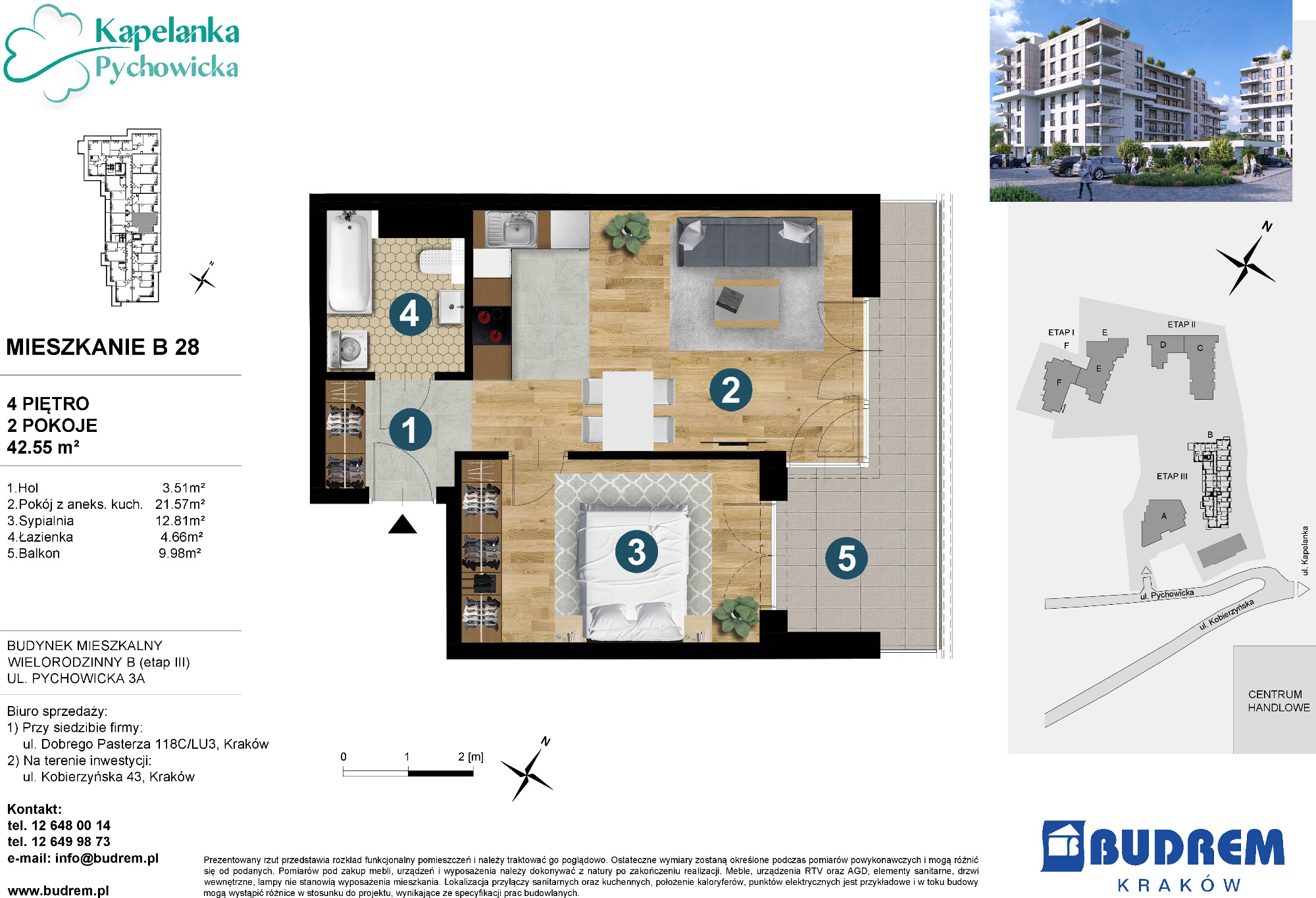 Mieszkanie 42,55 m², piętro 4, oferta nr B28, Kapelanka – Pychowicka - Budynek B, Kraków, Dębniki, Zakrzówek, ul. Pychowicka 3 / 3A-idx