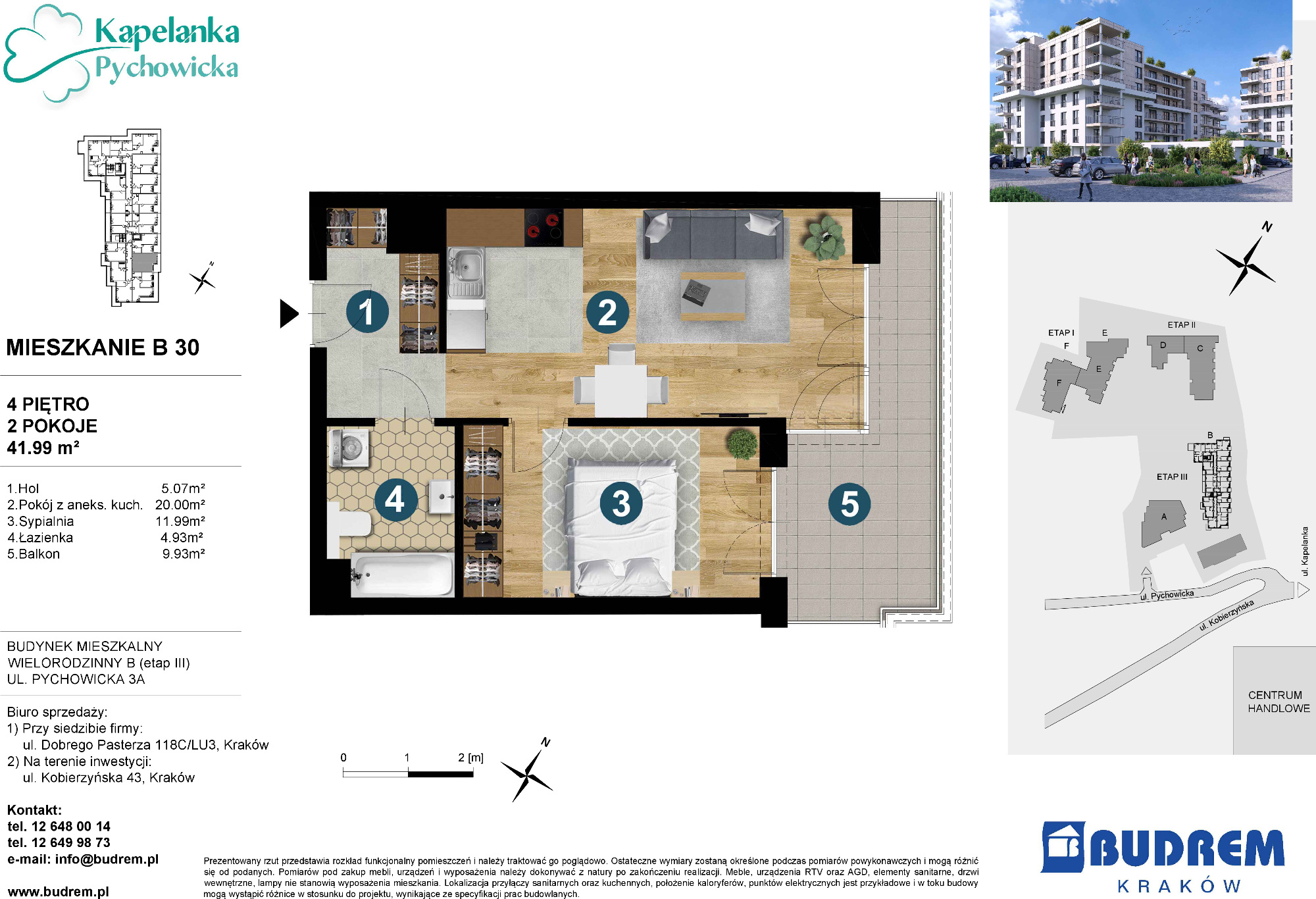 Mieszkanie 41,99 m², piętro 4, oferta nr B30, Kapelanka – Pychowicka - Budynek B, Kraków, Dębniki, Zakrzówek, ul. Pychowicka 3 / 3A-idx