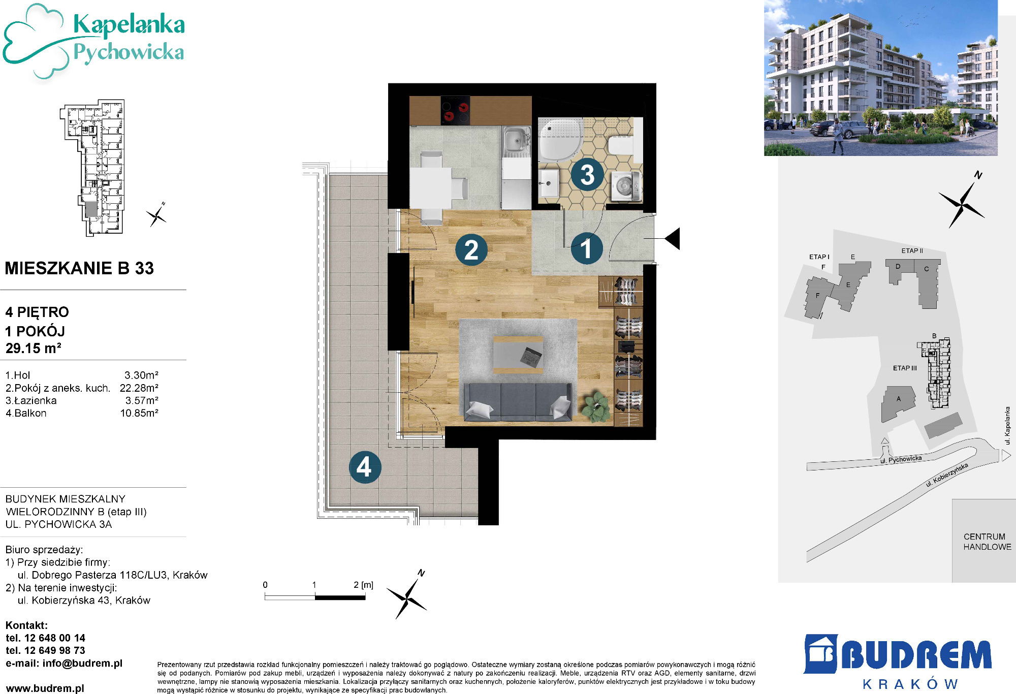 Mieszkanie 29,15 m², piętro 4, oferta nr B33, Kapelanka – Pychowicka - Budynek B, Kraków, Dębniki, Zakrzówek, ul. Pychowicka 3 / 3A-idx