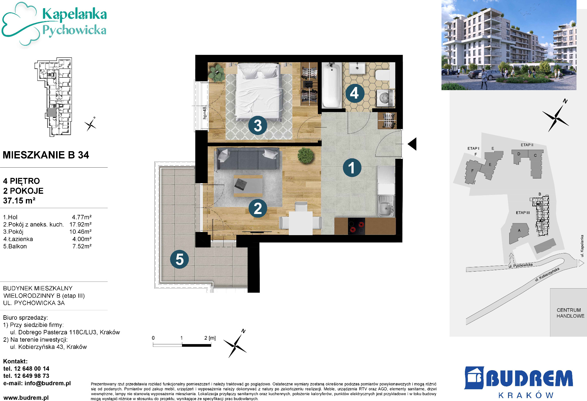 Mieszkanie 37,15 m², piętro 4, oferta nr B34, Kapelanka – Pychowicka - Budynek B, Kraków, Dębniki, Zakrzówek, ul. Pychowicka 3 / 3A-idx