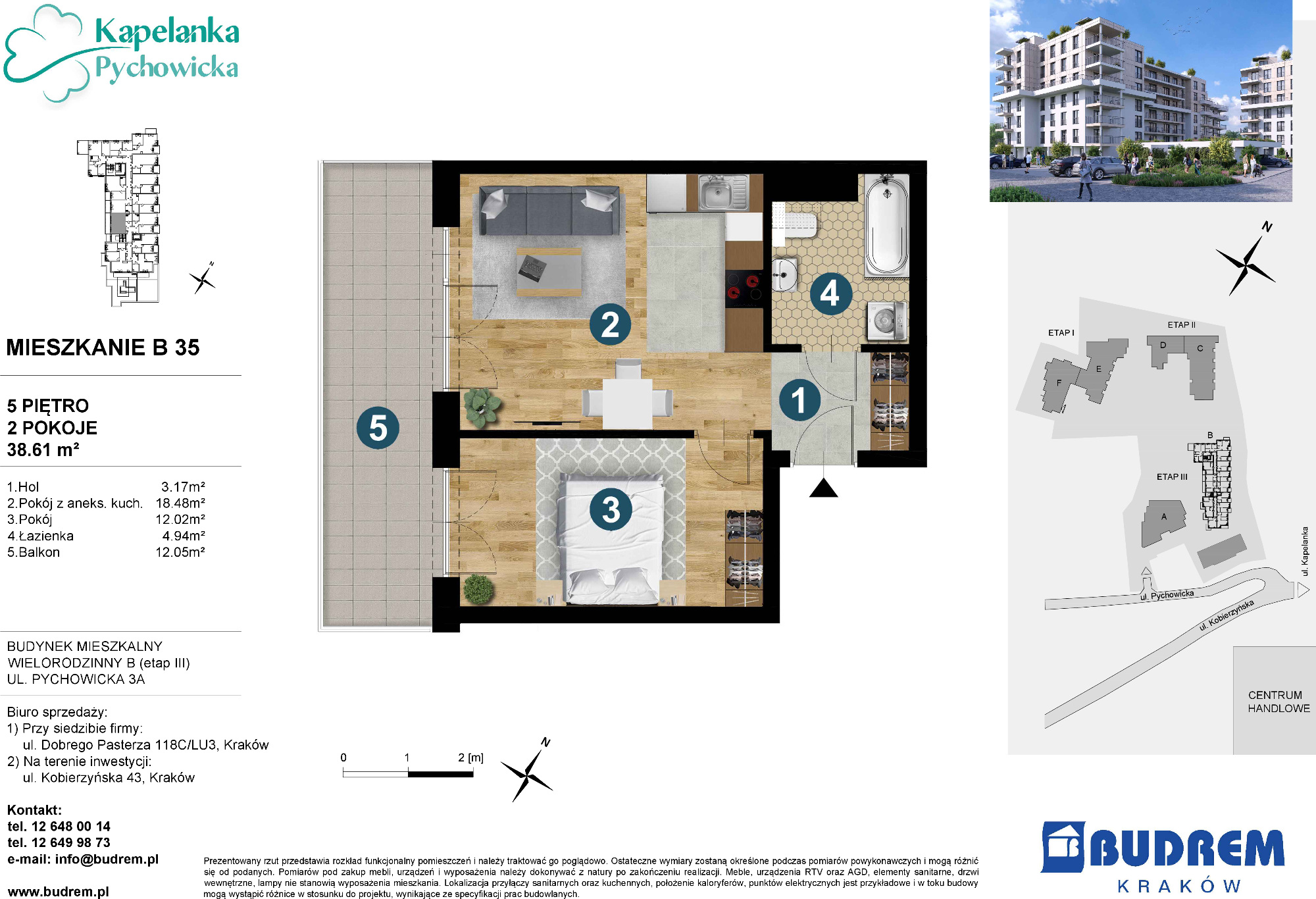 Mieszkanie 38,61 m², piętro 5, oferta nr B35, Kapelanka – Pychowicka - Budynek B, Kraków, Dębniki, Zakrzówek, ul. Pychowicka 3 / 3A-idx