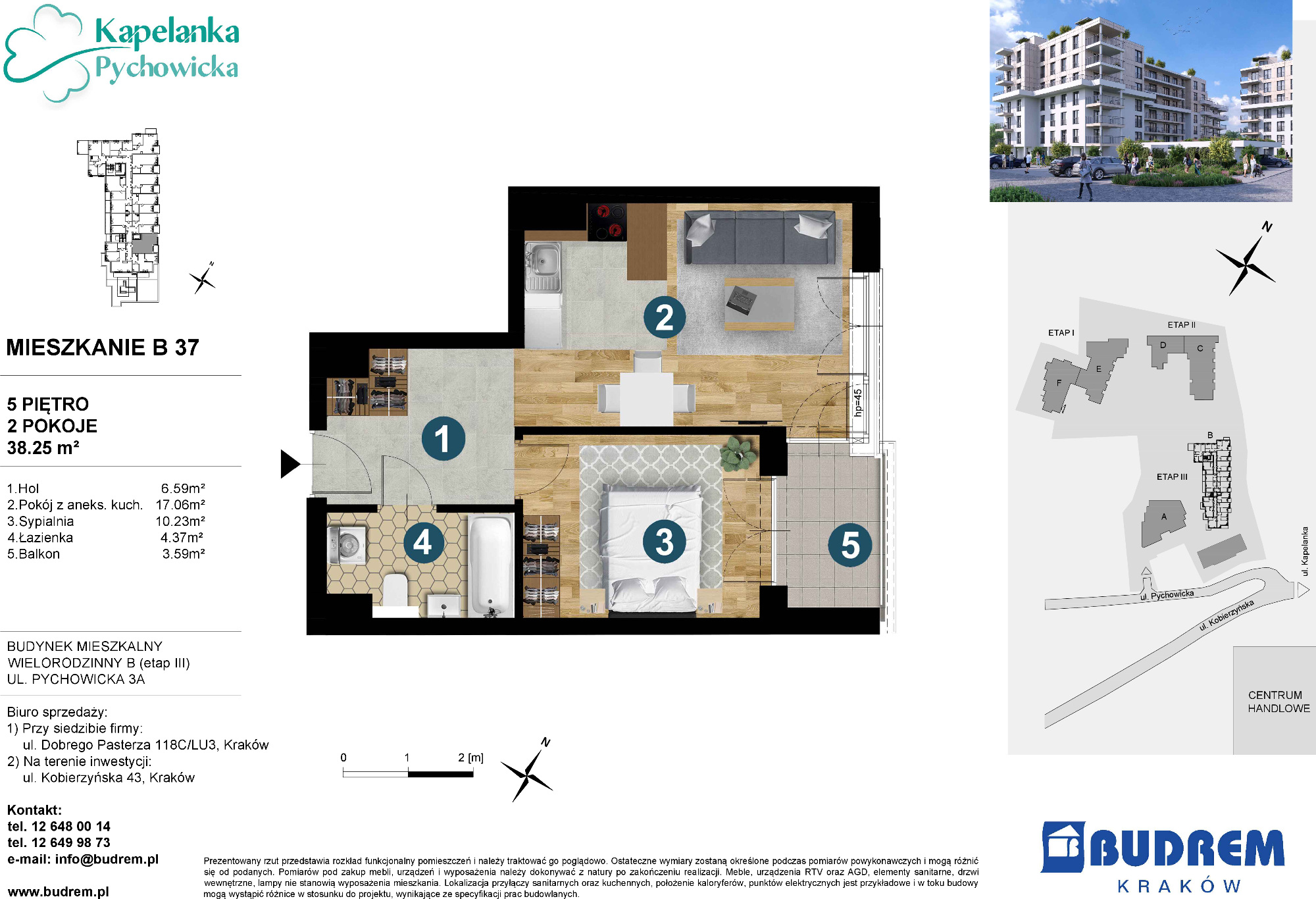 Mieszkanie 38,25 m², piętro 5, oferta nr B37, Kapelanka – Pychowicka - Budynek B, Kraków, Dębniki, Zakrzówek, ul. Pychowicka 3 / 3A-idx