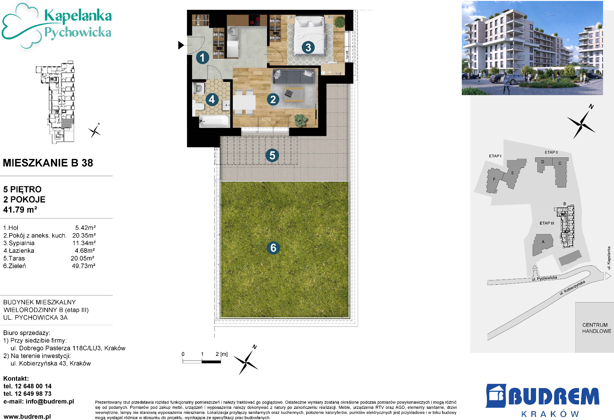 Mieszkanie 41,79 m², piętro 5, oferta nr B38, Kapelanka – Pychowicka - Budynek B, Kraków, Dębniki, Zakrzówek, ul. Pychowicka 3 / 3A-idx