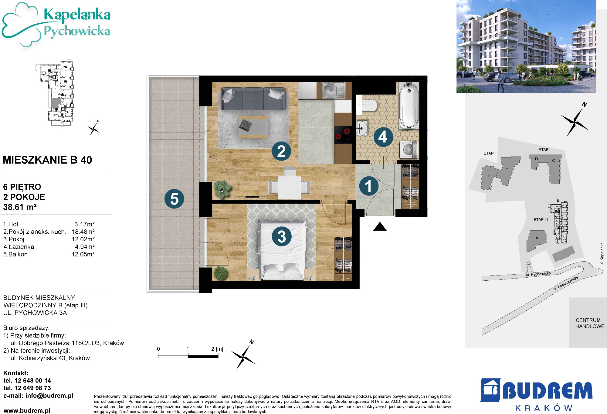 Mieszkanie 38,61 m², piętro 6, oferta nr B40, Kapelanka – Pychowicka - Budynek B, Kraków, Dębniki, Zakrzówek, ul. Pychowicka 3 / 3A-idx