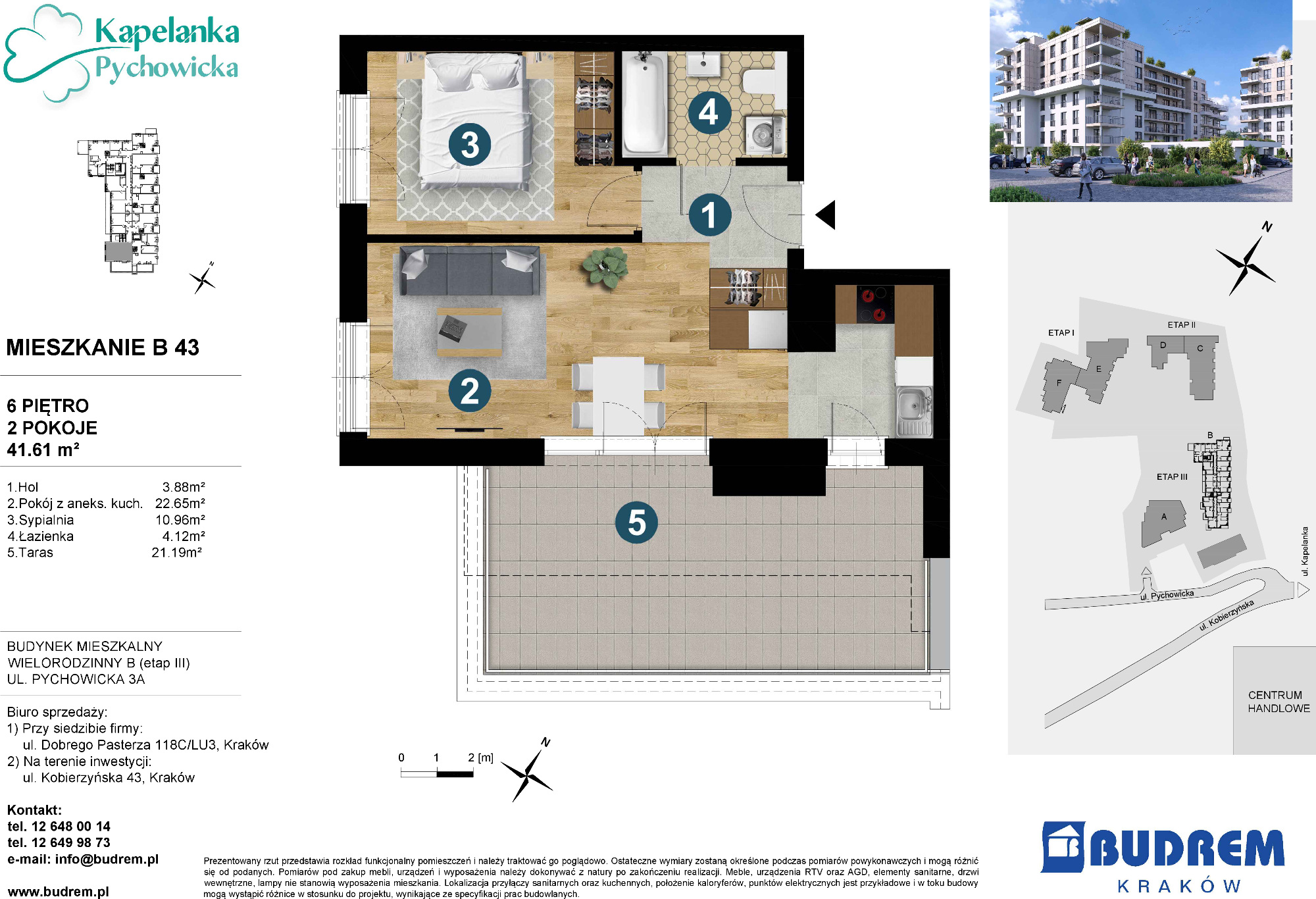 Mieszkanie 41,61 m², piętro 6, oferta nr B43, Kapelanka – Pychowicka - Budynek B, Kraków, Dębniki, Zakrzówek, ul. Pychowicka 3 / 3A-idx