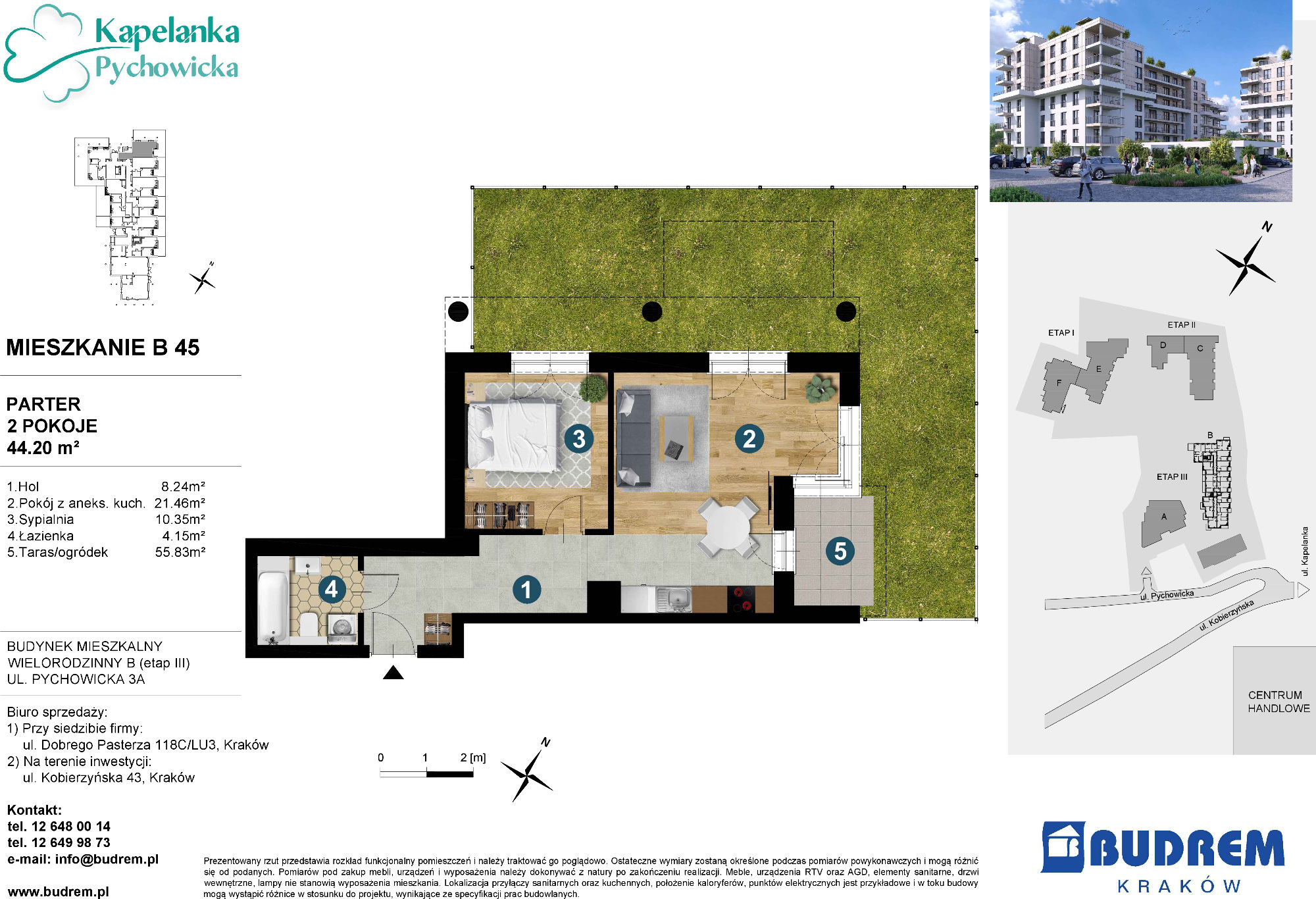 Mieszkanie 44,20 m², parter, oferta nr B45, Kapelanka – Pychowicka - Budynek B, Kraków, Dębniki, Zakrzówek, ul. Pychowicka 3 / 3A-idx