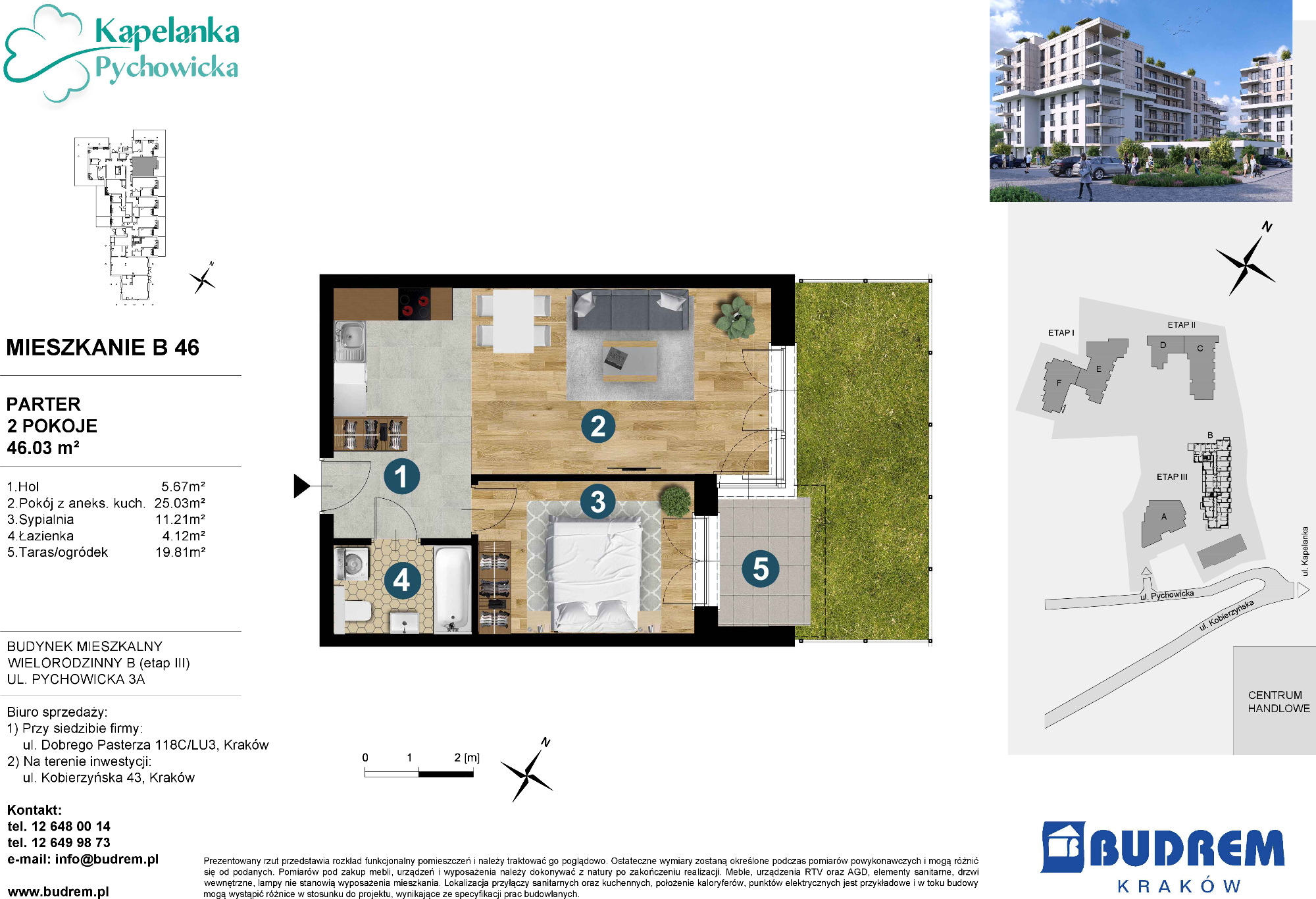 Mieszkanie 46,03 m², parter, oferta nr B46, Kapelanka – Pychowicka - Budynek B, Kraków, Dębniki, Zakrzówek, ul. Pychowicka 3 / 3A-idx