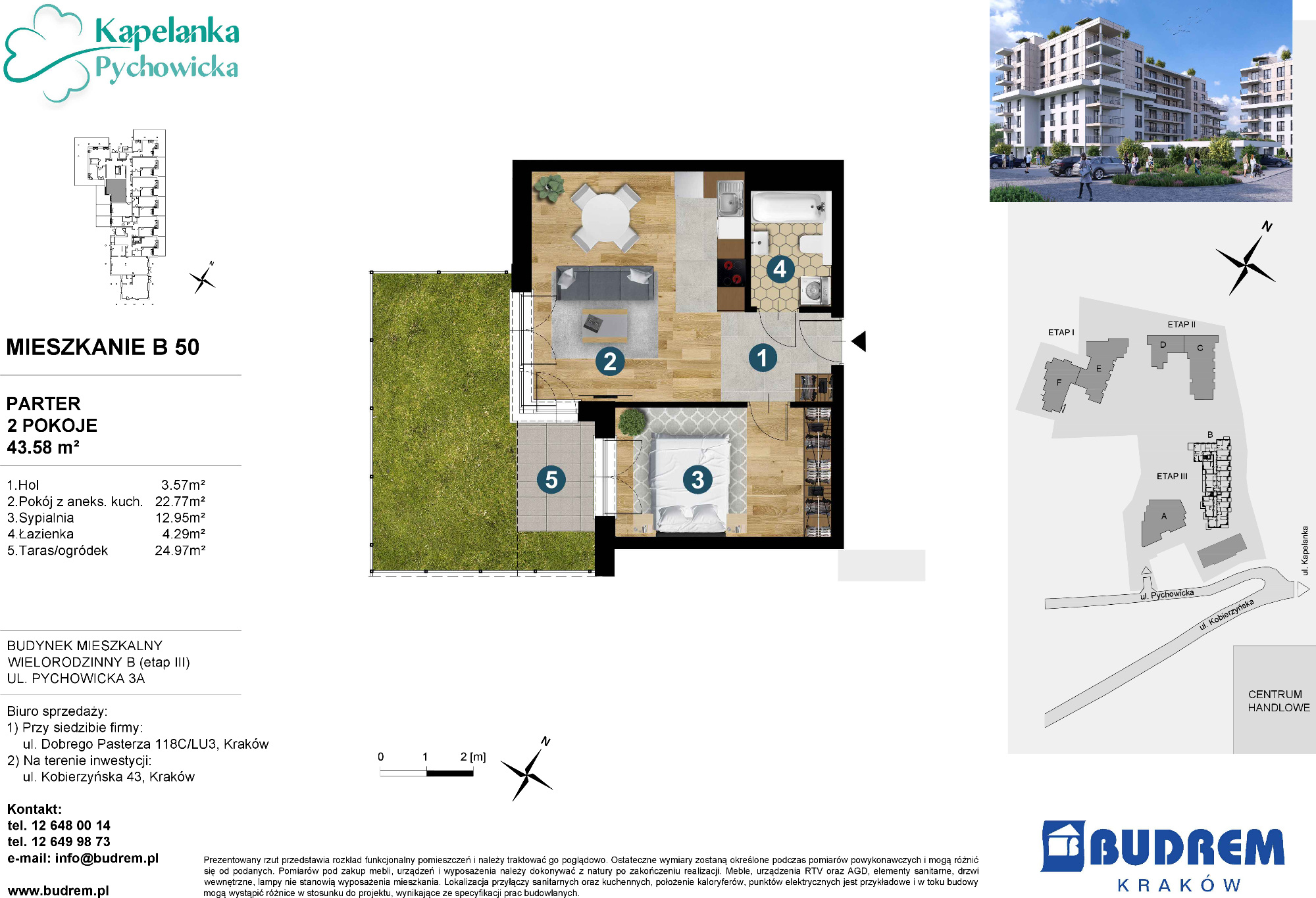 Mieszkanie 43,58 m², parter, oferta nr B50, Kapelanka – Pychowicka - Budynek B, Kraków, Dębniki, Zakrzówek, ul. Pychowicka 3 / 3A-idx