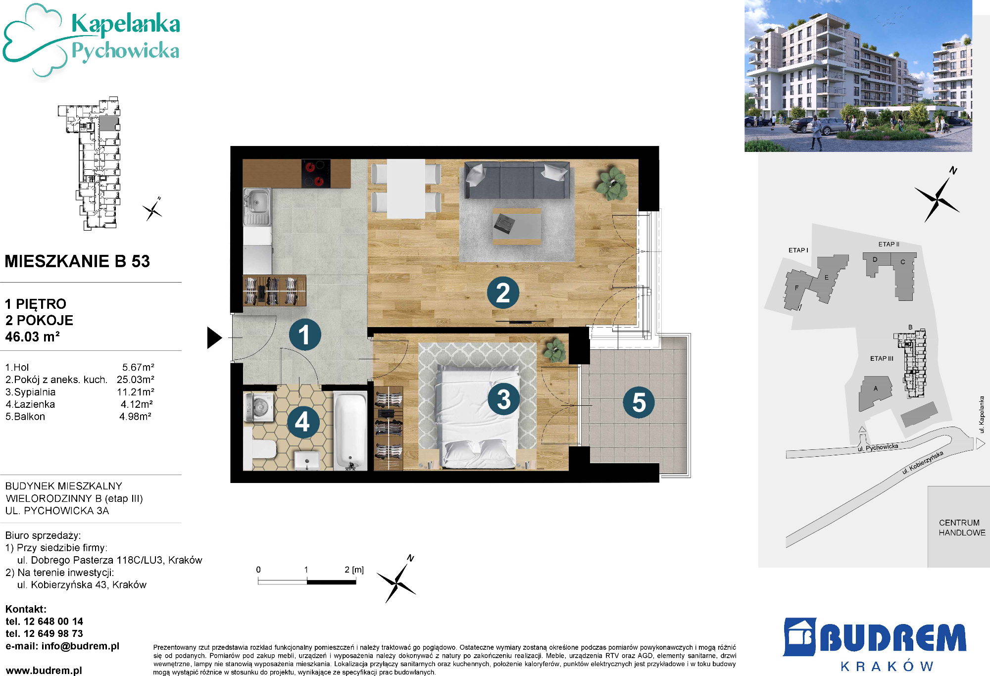 Mieszkanie 46,03 m², piętro 1, oferta nr B53, Kapelanka – Pychowicka - Budynek B, Kraków, Dębniki, Zakrzówek, ul. Pychowicka 3 / 3A-idx